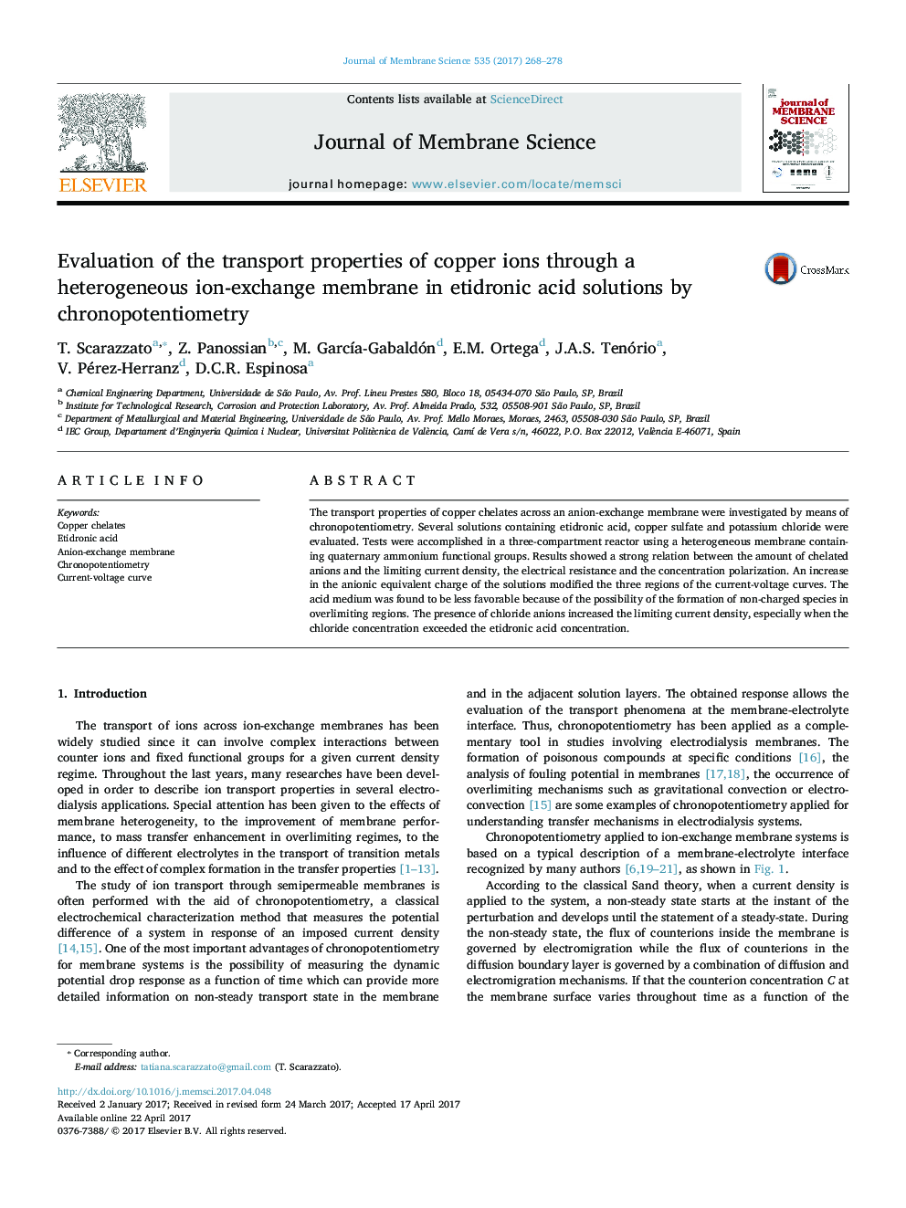 Evaluation of the transport properties of copper ions through a heterogeneous ion-exchange membrane in etidronic acid solutions by chronopotentiometry