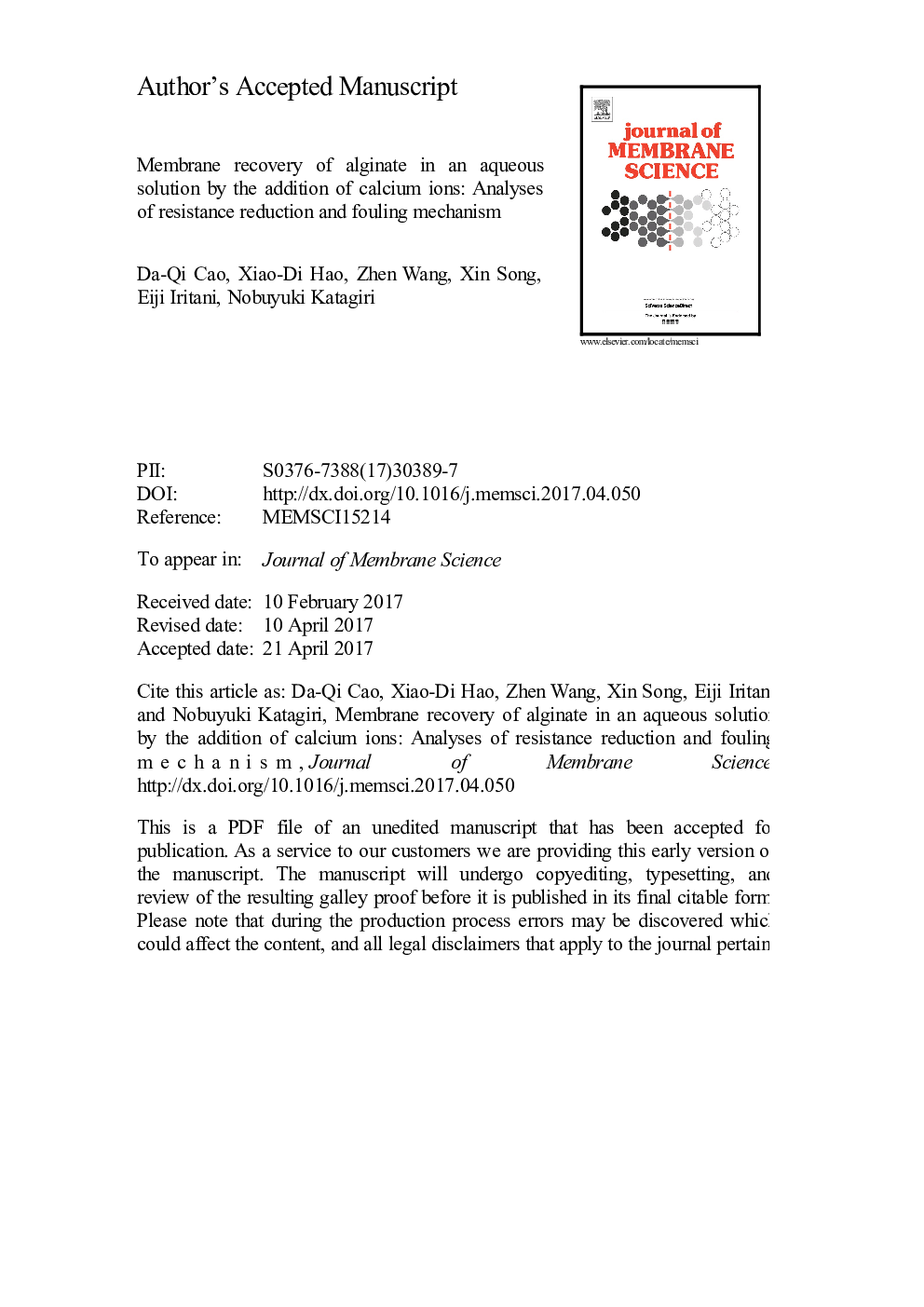 Membrane recovery of alginate in an aqueous solution by the addition of calcium ions: Analyses of resistance reduction and fouling mechanism