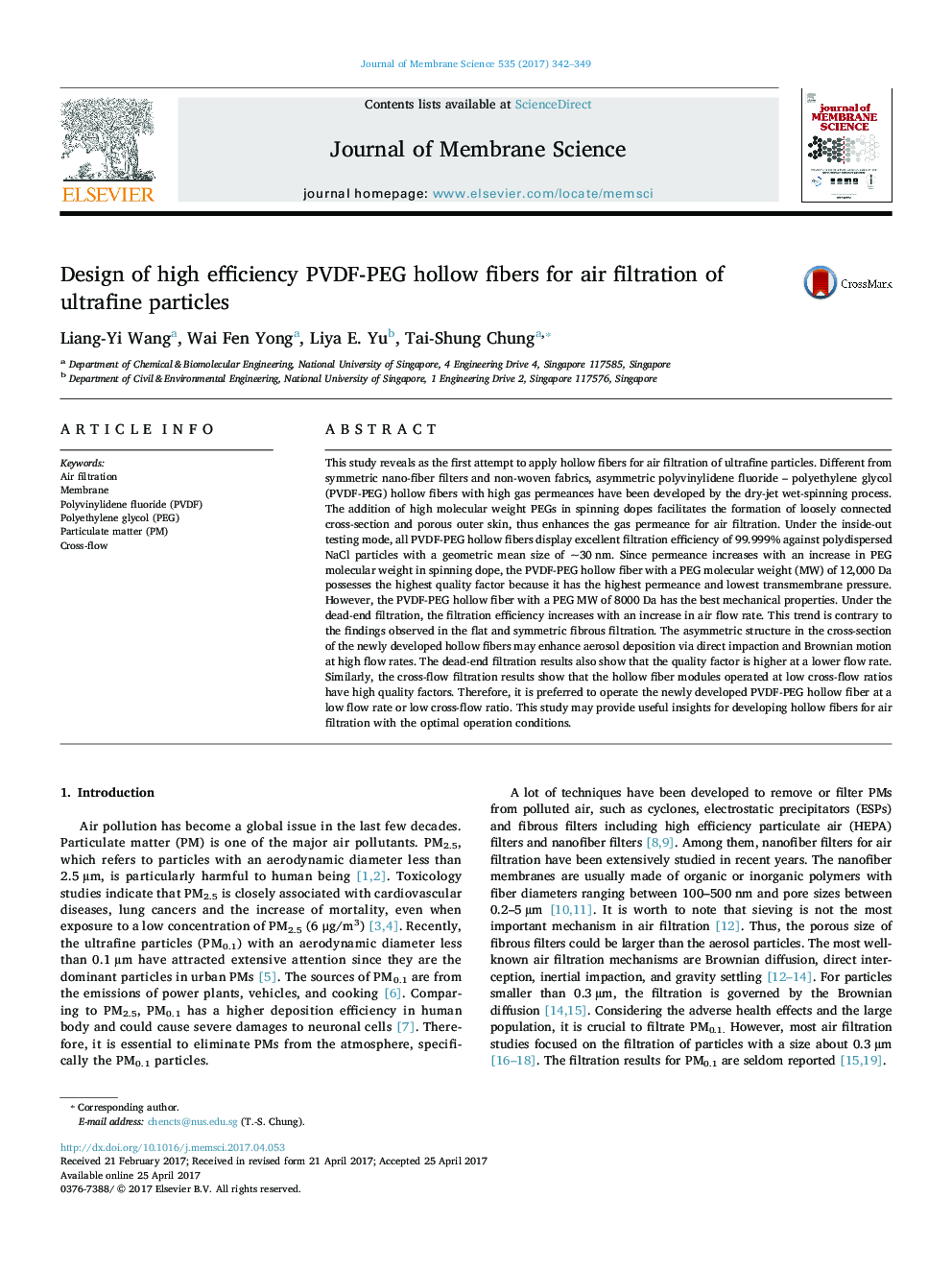 Design of high efficiency PVDF-PEG hollow fibers for air filtration of ultrafine particles