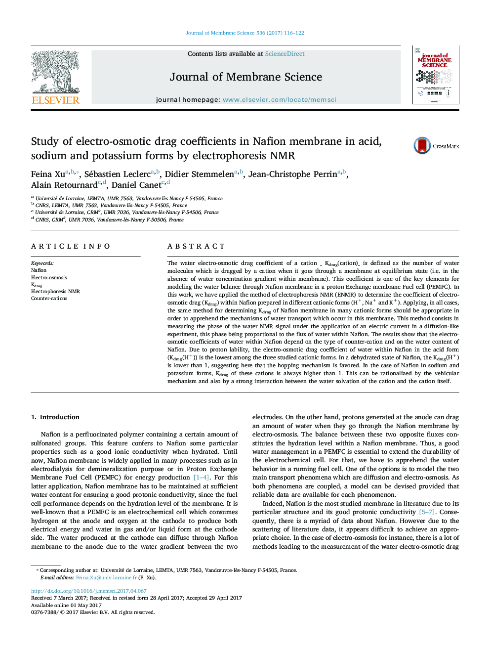 Study of electro-osmotic drag coefficients in Nafion membrane in acid, sodium and potassium forms by electrophoresis NMR