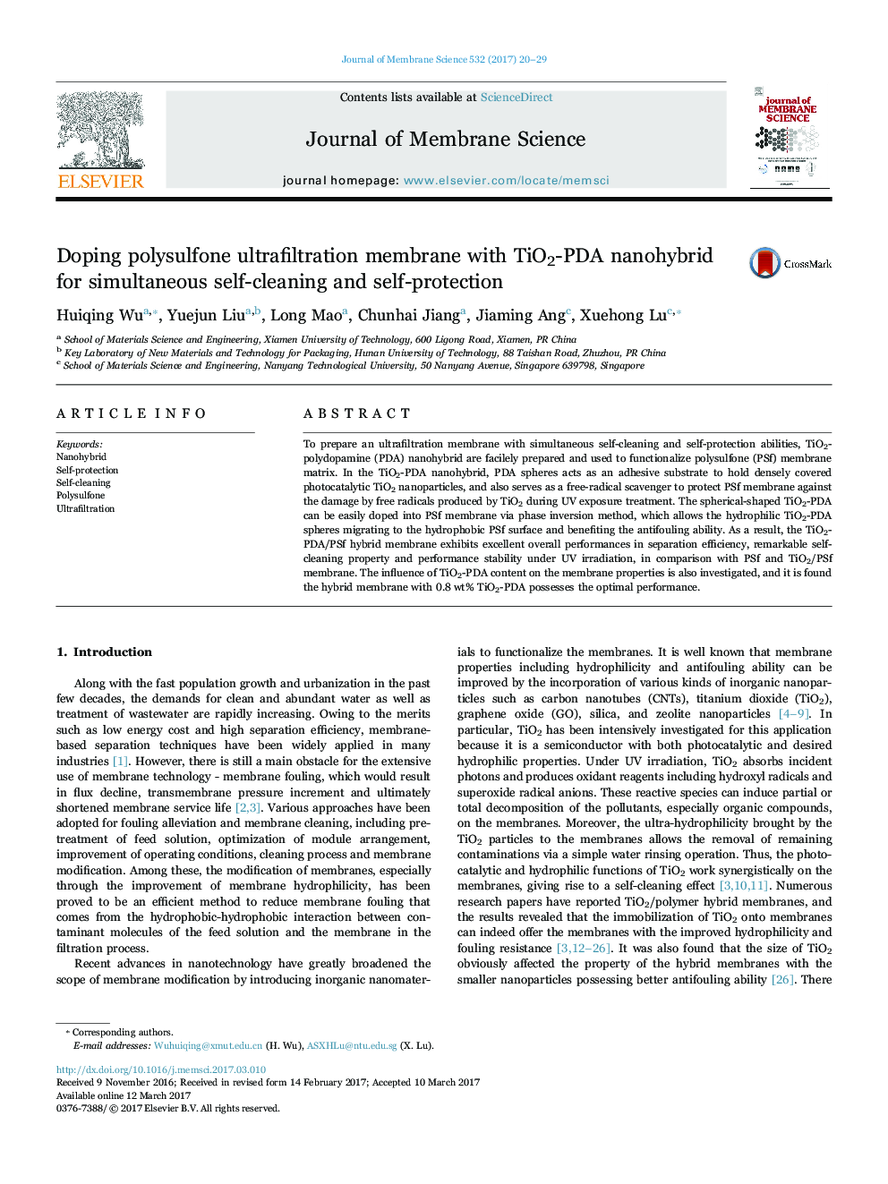 Doping polysulfone ultrafiltration membrane with TiO2-PDA nanohybrid for simultaneous self-cleaning and self-protection