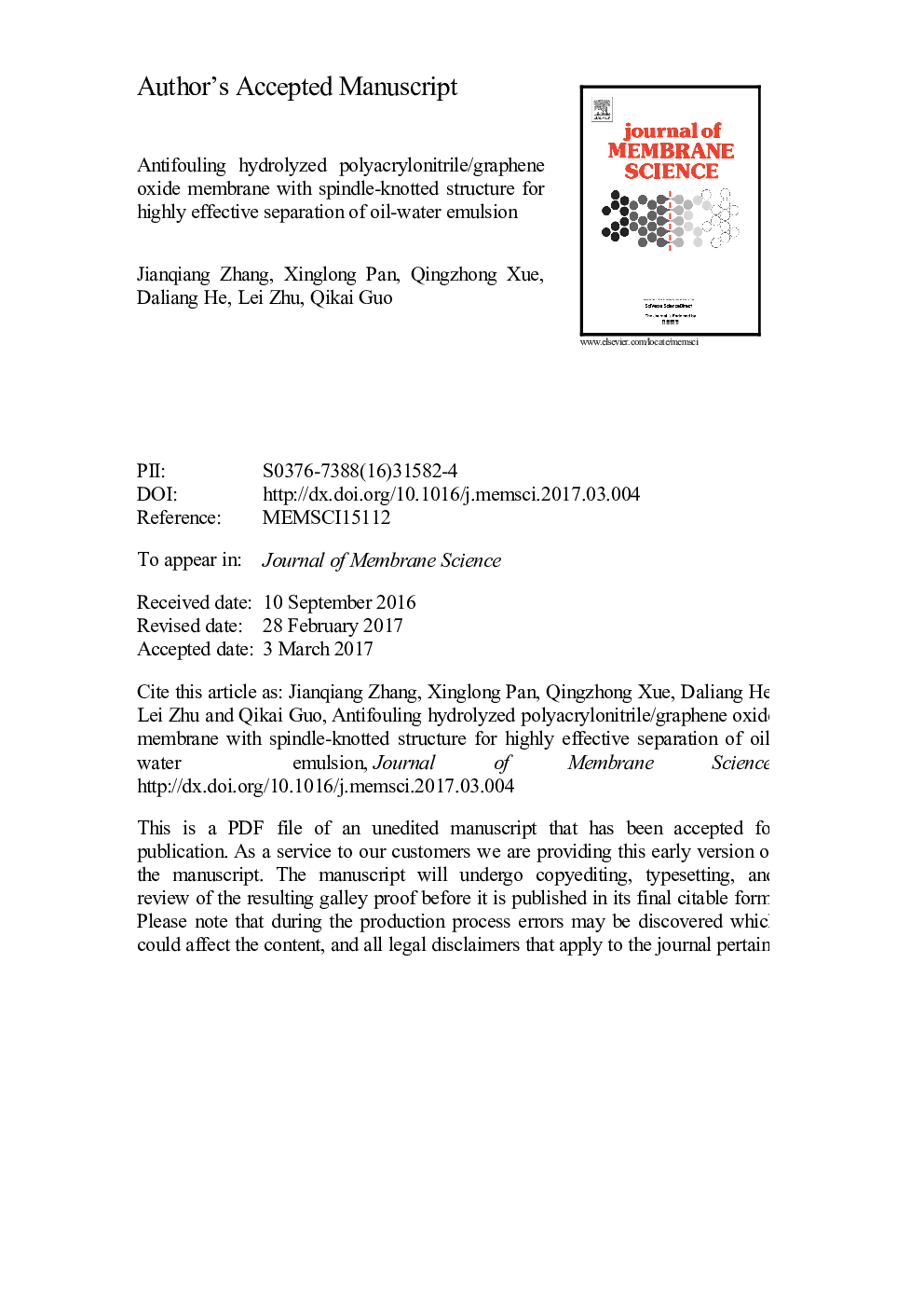 Antifouling hydrolyzed polyacrylonitrile/graphene oxide membrane with spindle-knotted structure for highly effective separation of oil-water emulsion