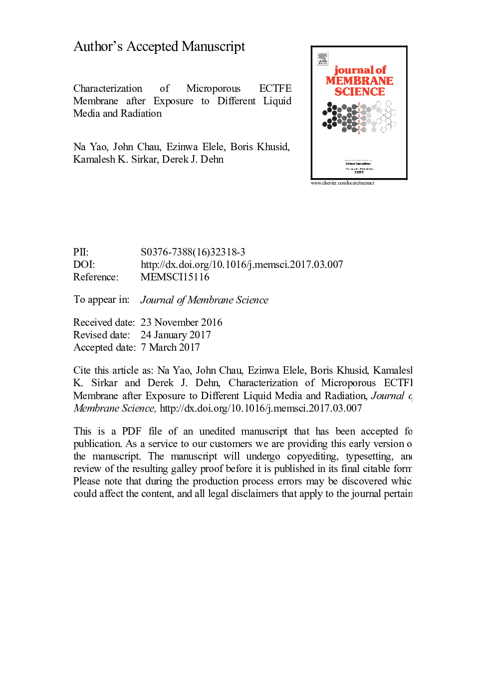 Characterization of microporous ECTFE membrane after exposure to different liquid media and radiation