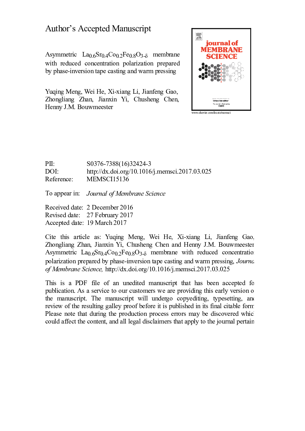 Asymmetric La0.6Sr0.4Co0.2Fe0.8O3-Î´ membrane with reduced concentration polarization prepared by phase-inversion tape casting and warm pressing