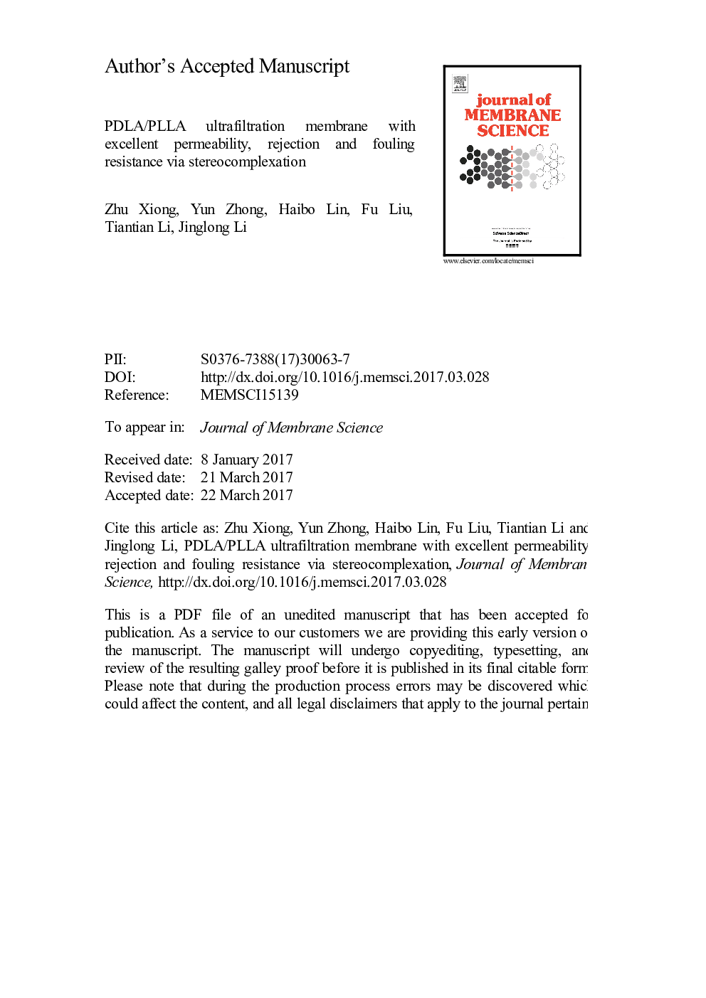 PDLA/PLLA ultrafiltration membrane with excellent permeability, rejection and fouling resistance via stereocomplexation