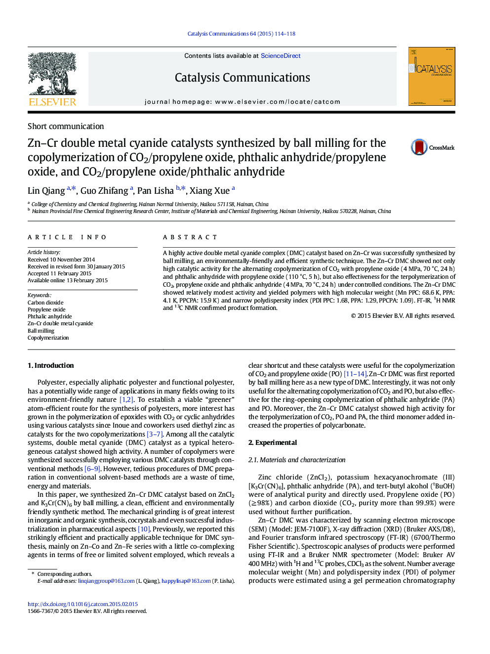 Zn–Cr double metal cyanide catalysts synthesized by ball milling for the copolymerization of CO2/propylene oxide, phthalic anhydride/propylene oxide, and CO2/propylene oxide/phthalic anhydride