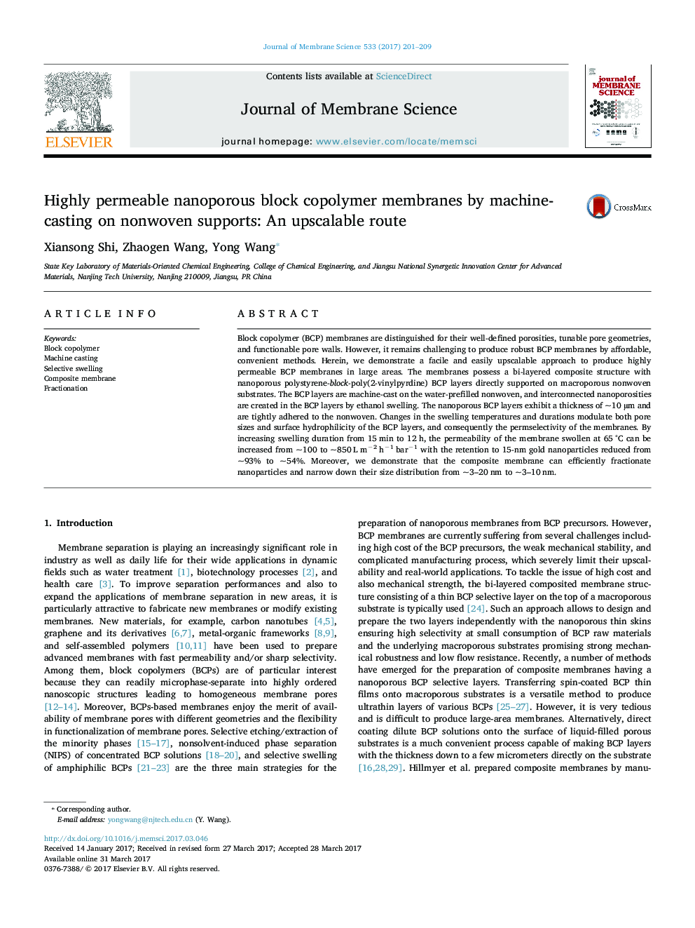 Highly permeable nanoporous block copolymer membranes by machine-casting on nonwoven supports: An upscalable route