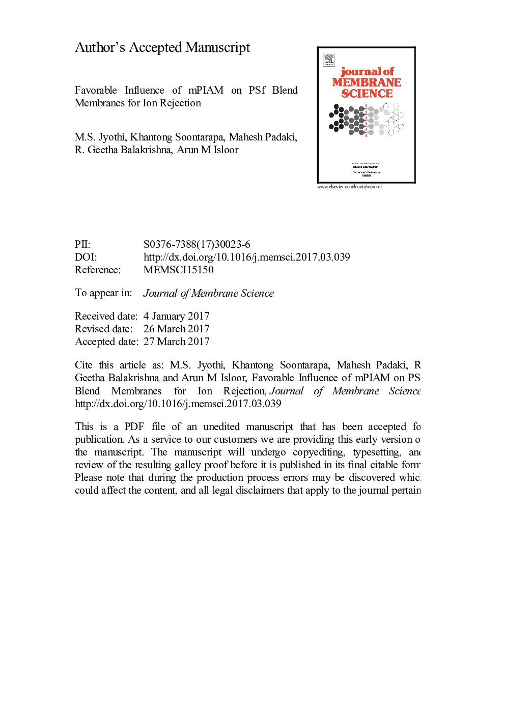 Favorable influence of mPIAM on PSf blend membranes for ion rejection