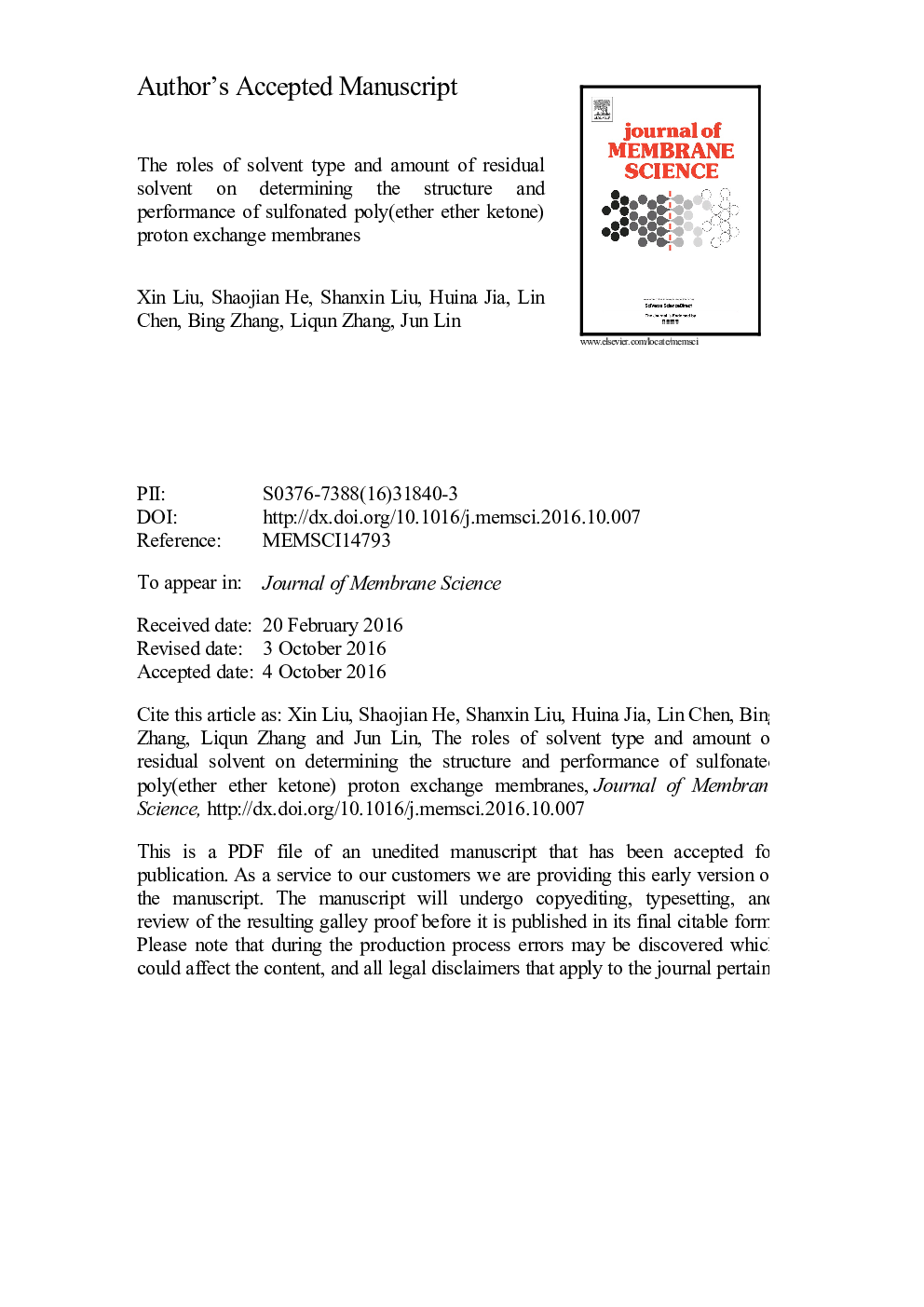 The roles of solvent type and amount of residual solvent on determining the structure and performance of sulfonated poly(ether ether ketone) proton exchange membranes