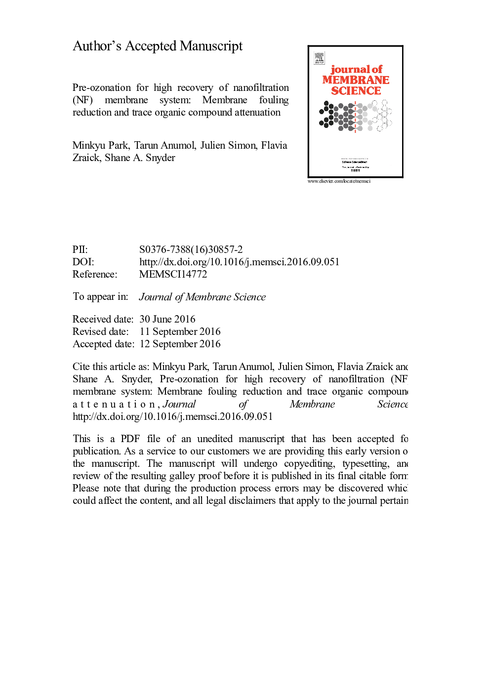 Pre-ozonation for high recovery of nanofiltration (NF) membrane system: Membrane fouling reduction and trace organic compound attenuation