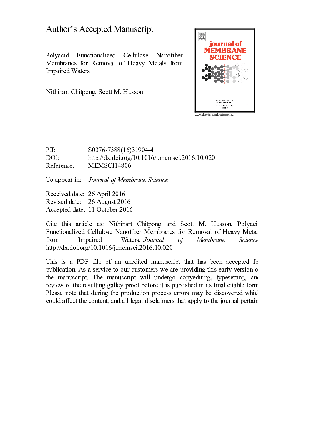 Polyacid functionalized cellulose nanofiber membranes for removal of heavy metals from impaired waters