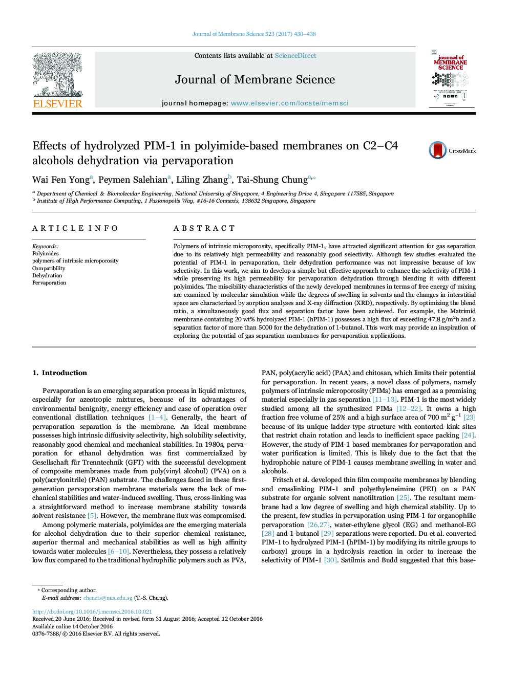 Effects of hydrolyzed PIM-1 in polyimide-based membranes on C2-C4 alcohols dehydration via pervaporation