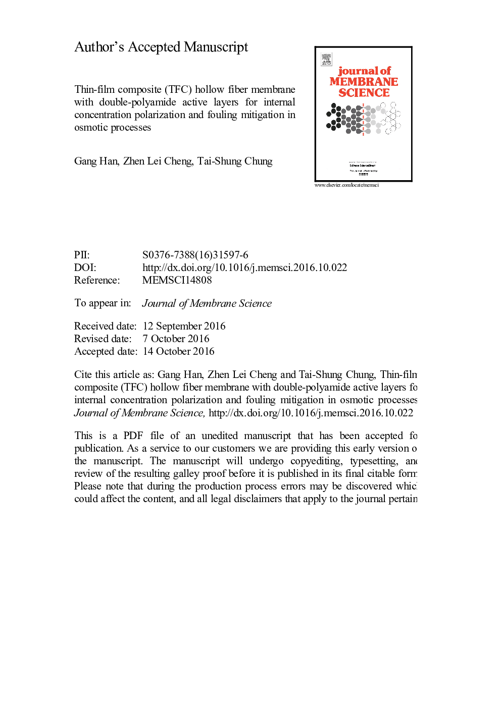 Thin-film composite (TFC) hollow fiber membrane with double-polyamide active layers for internal concentration polarization and fouling mitigation in osmotic processes