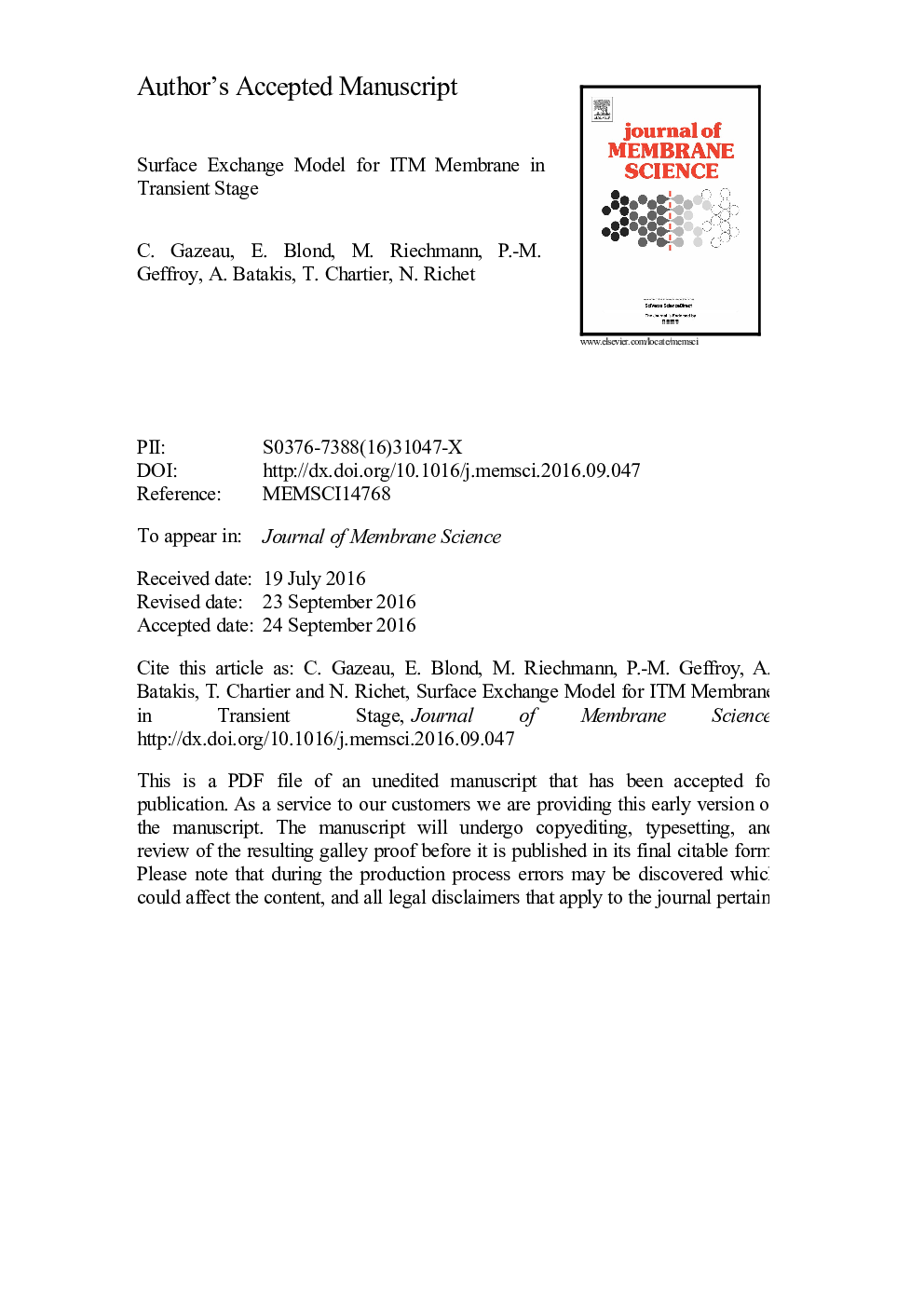 Surface exchange model for ITM membrane in transient stage