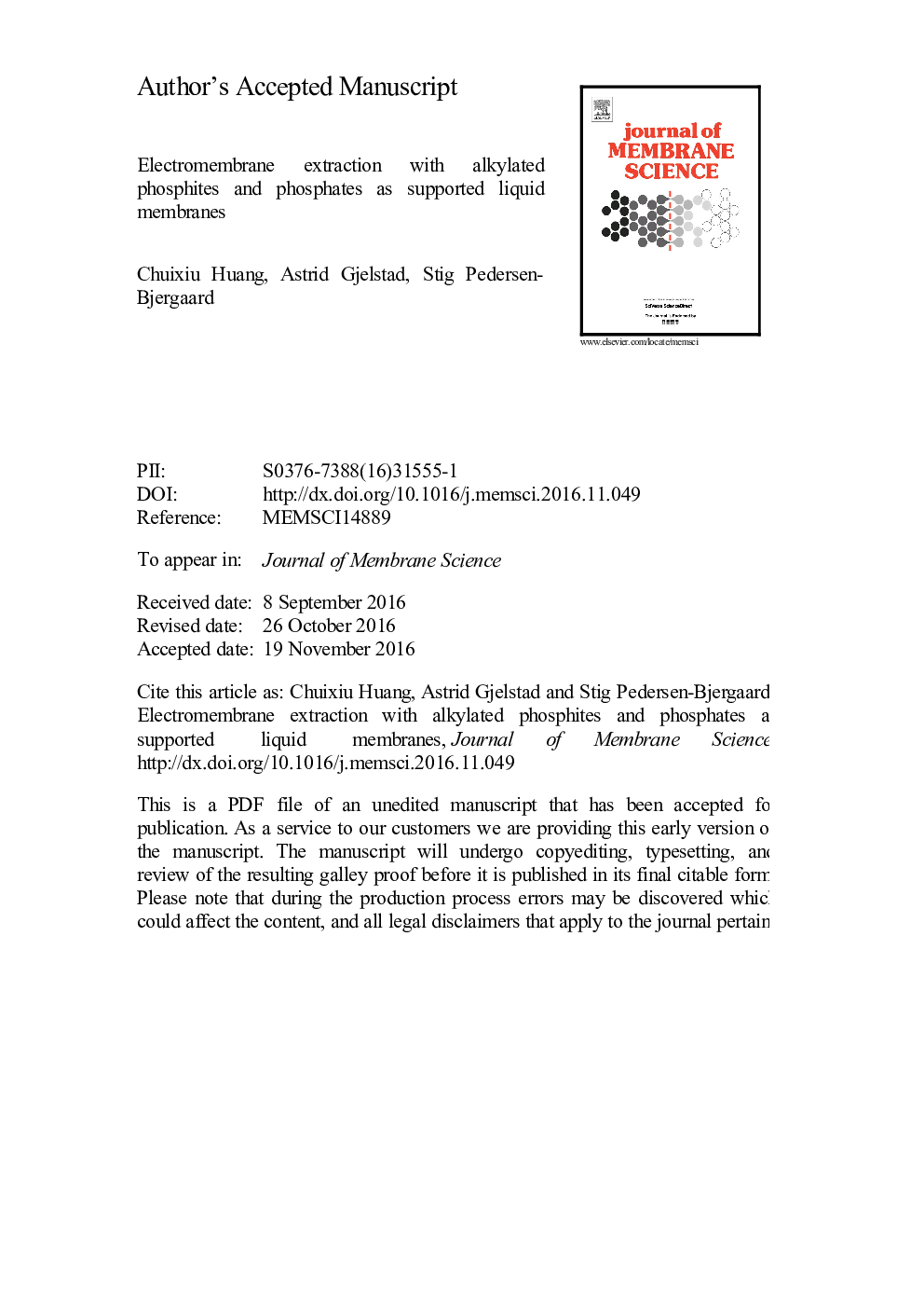 Electromembrane extraction with alkylated phosphites and phosphates as supported liquid membranes