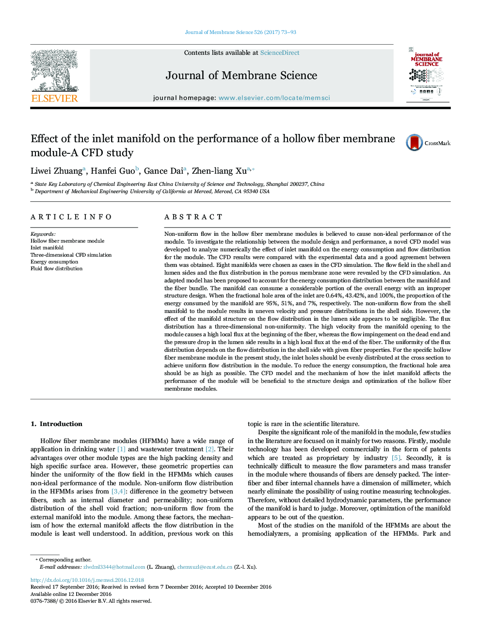 Effect of the inlet manifold on the performance of a hollow fiber membrane module-A CFD study