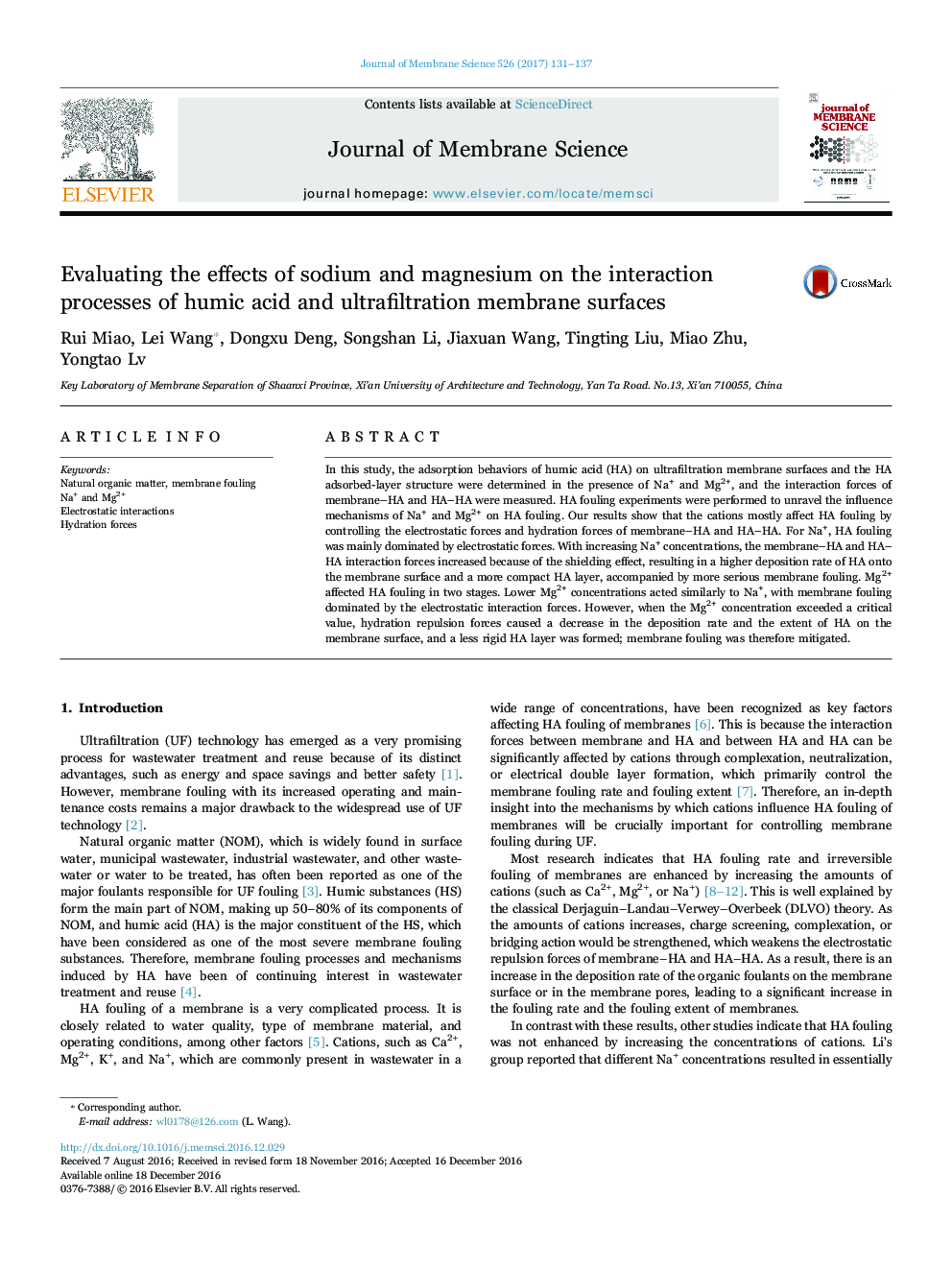 Evaluating the effects of sodium and magnesium on the interaction processes of humic acid and ultrafiltration membrane surfaces