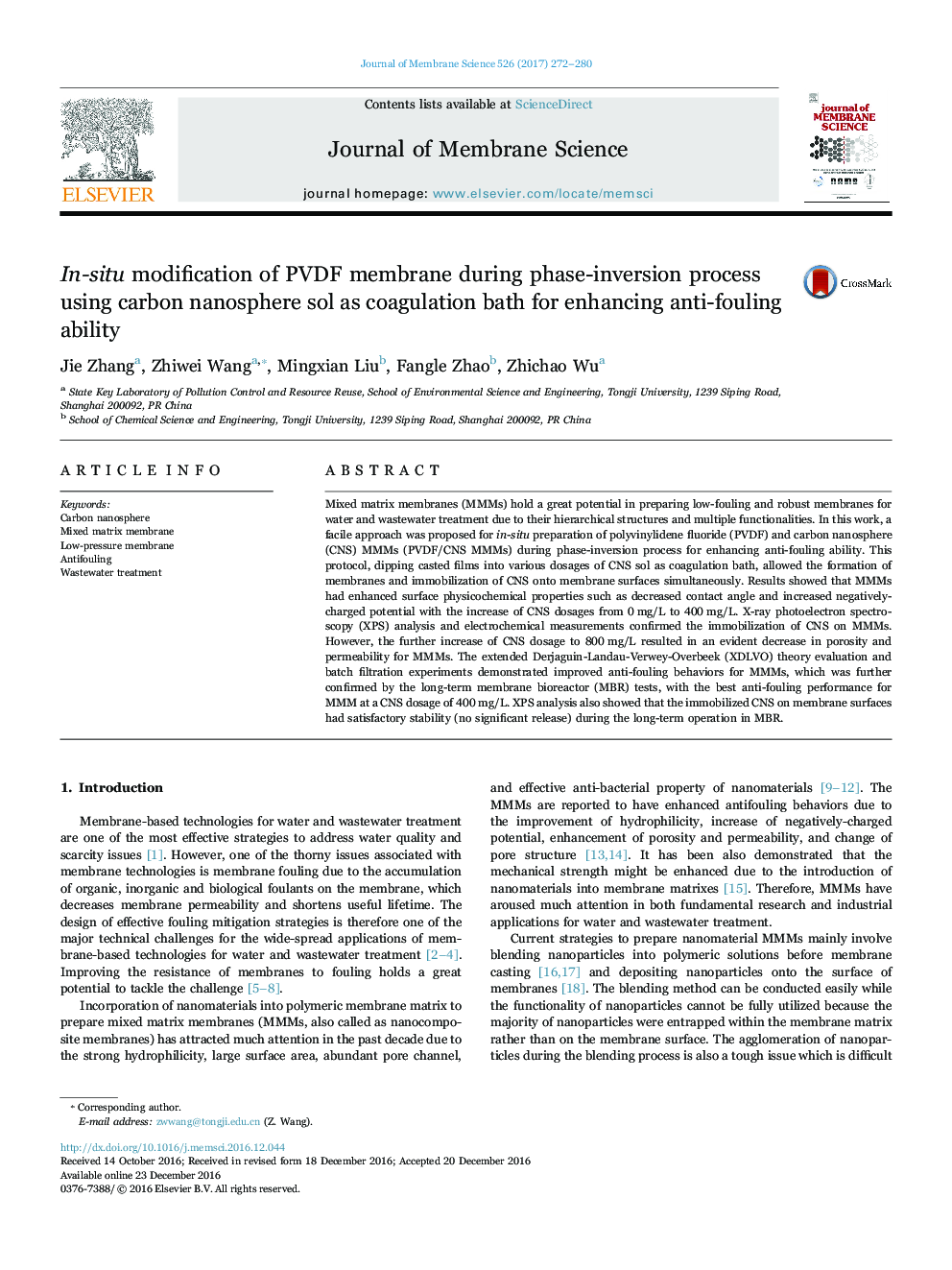 In-situ modification of PVDF membrane during phase-inversion process using carbon nanosphere sol as coagulation bath for enhancing anti-fouling ability