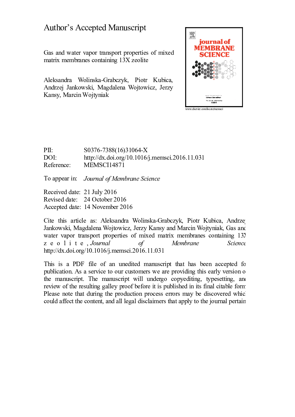 Gas and water vapor transport properties of mixed matrix membranes containing 13X zeolite