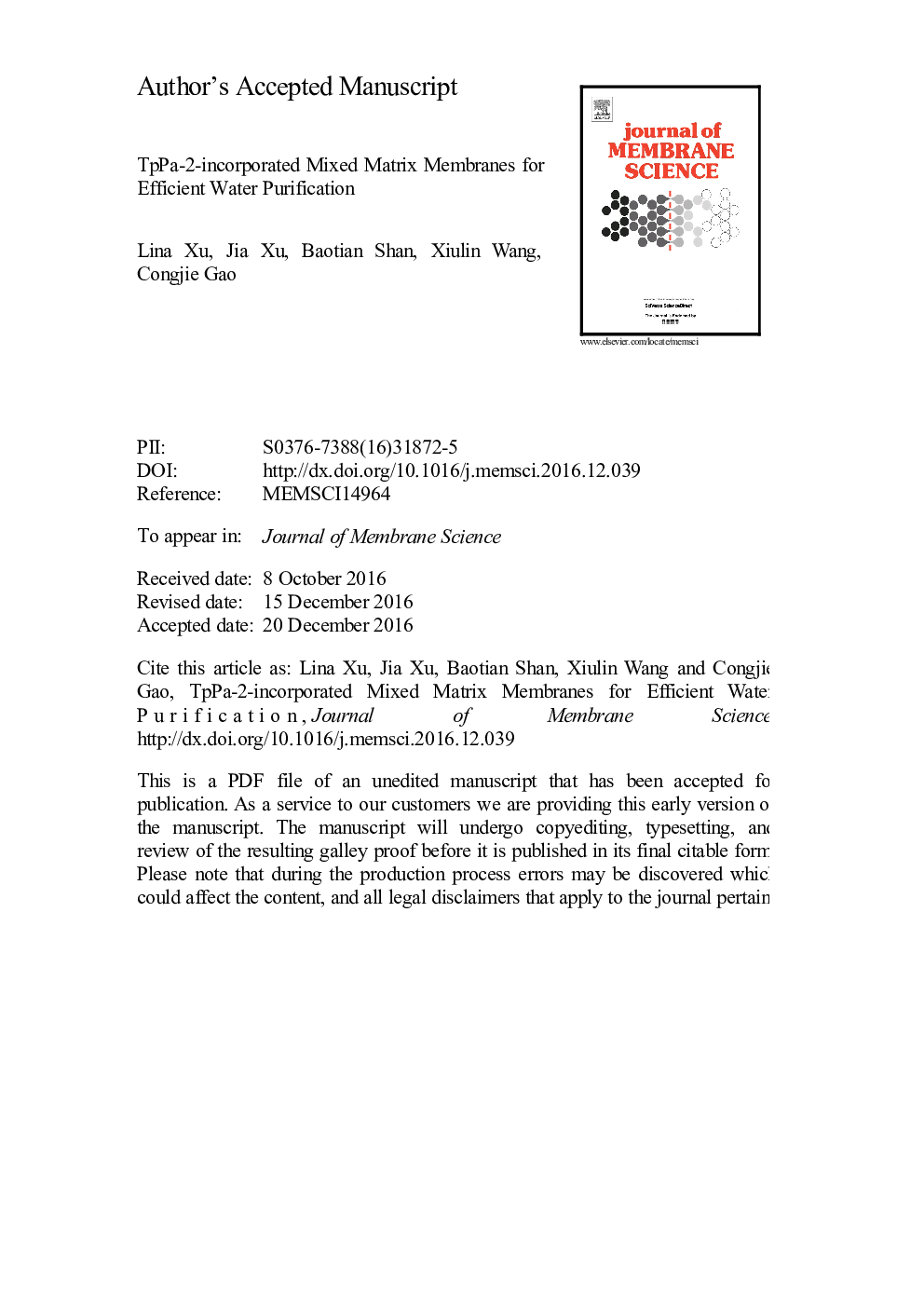 TpPa-2-incorporated mixed matrix membranes for efficient water purification