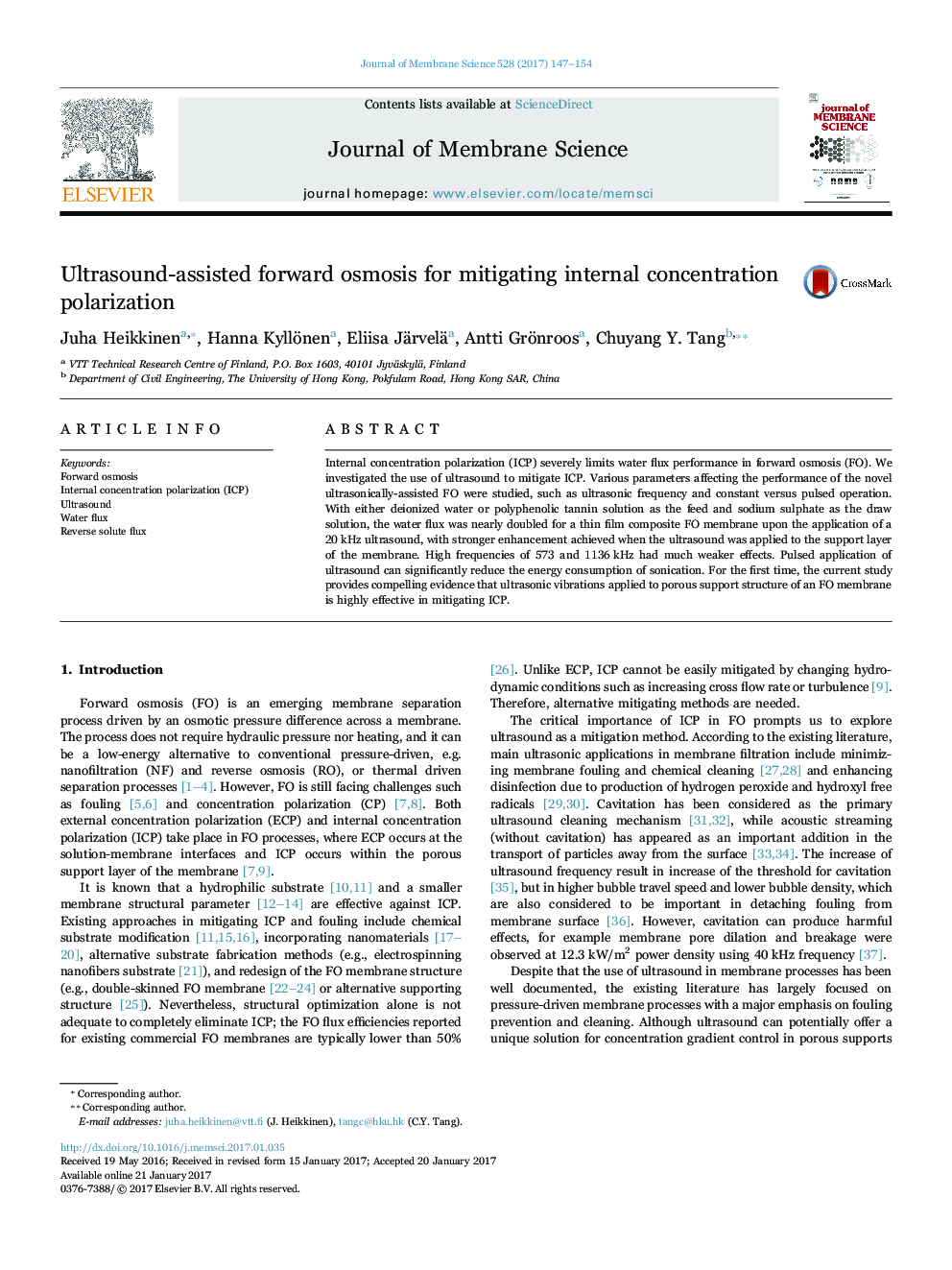 Ultrasound-assisted forward osmosis for mitigating internal concentration polarization