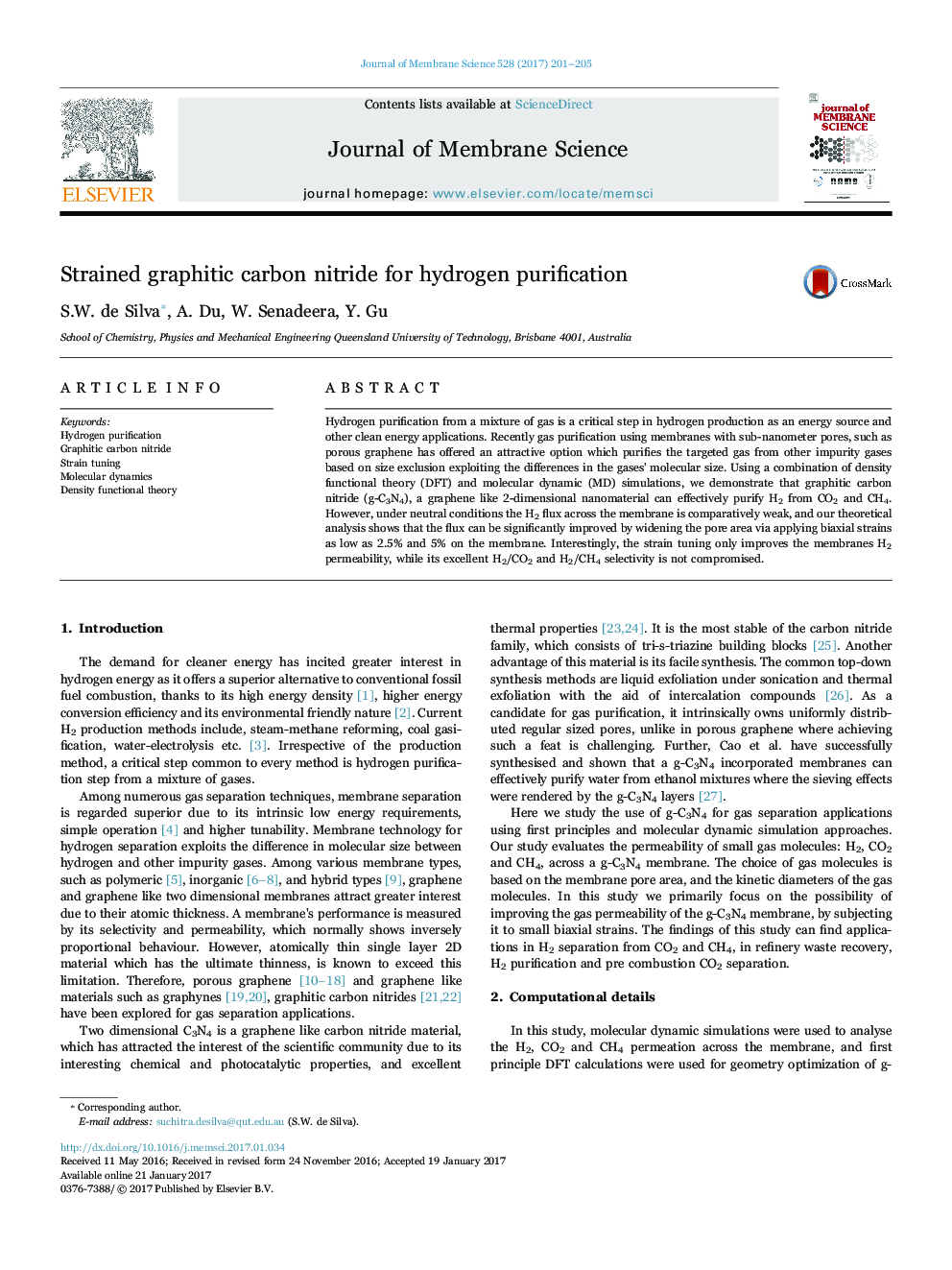 Strained graphitic carbon nitride for hydrogen purification