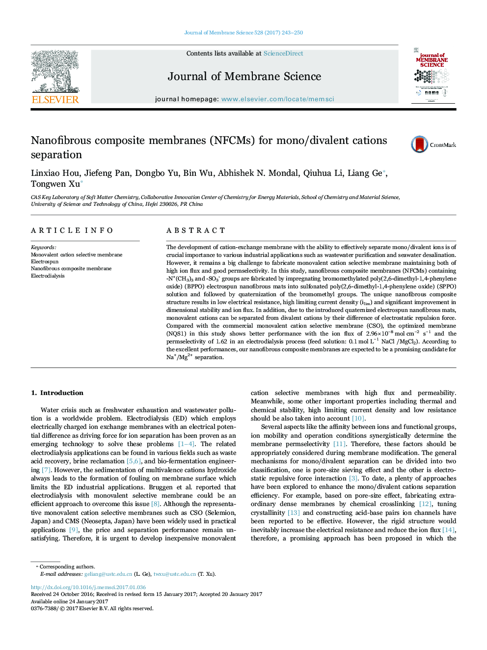 Nanofibrous composite membranes (NFCMs) for mono/divalent cations separation