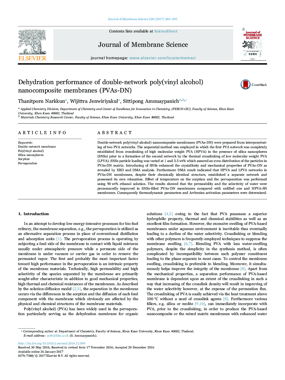 Dehydration performance of double-network poly(vinyl alcohol) nanocomposite membranes (PVAs-DN)