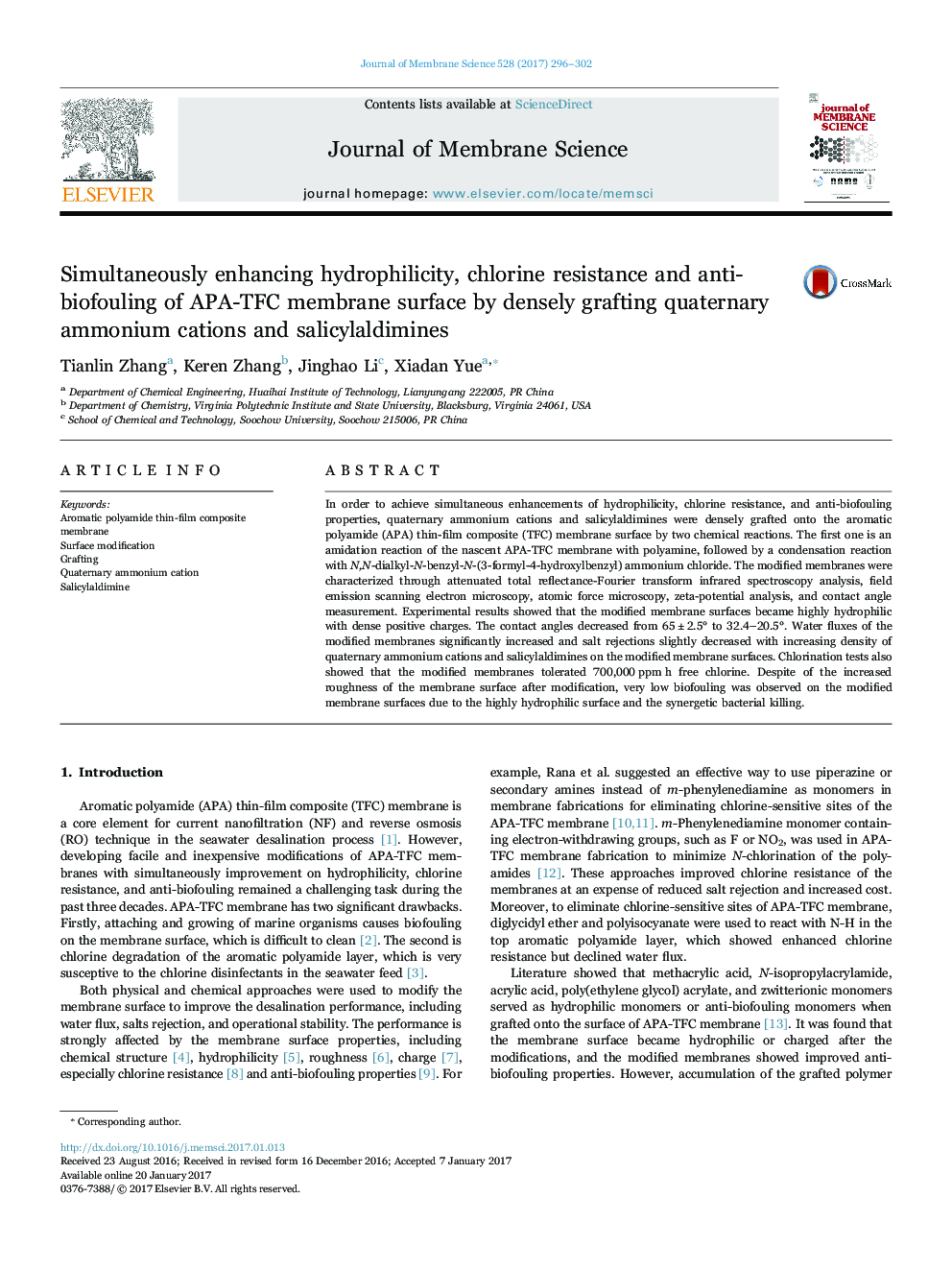 Simultaneously enhancing hydrophilicity, chlorine resistance and anti-biofouling of APA-TFC membrane surface by densely grafting quaternary ammonium cations and salicylaldimines