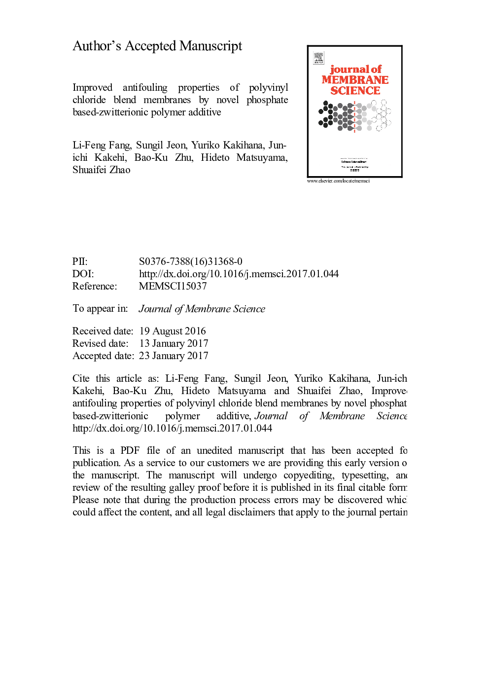 Improved antifouling properties of polyvinyl chloride blend membranes by novel phosphate based-zwitterionic polymer additive