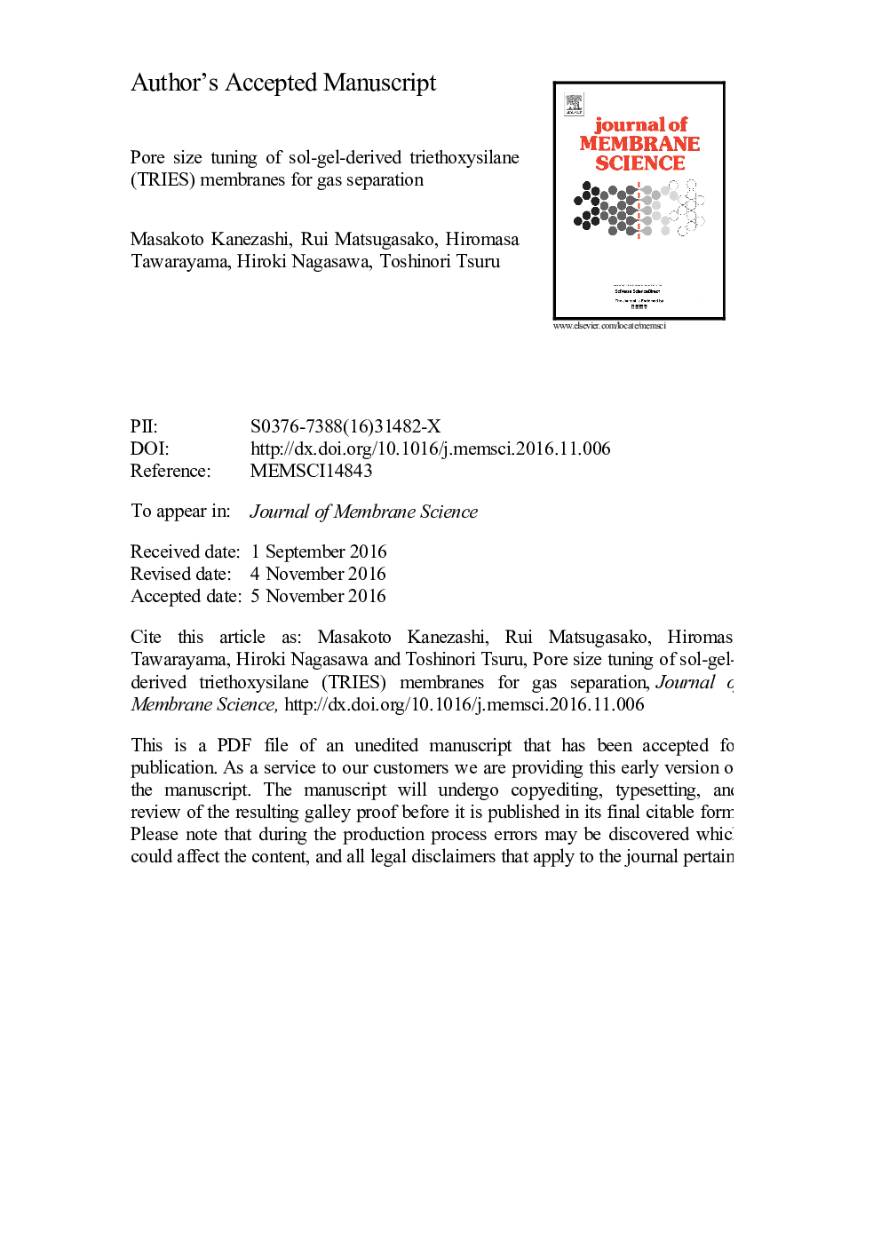 Pore size tuning of sol-gel-derived triethoxysilane (TRIES) membranes for gas separation