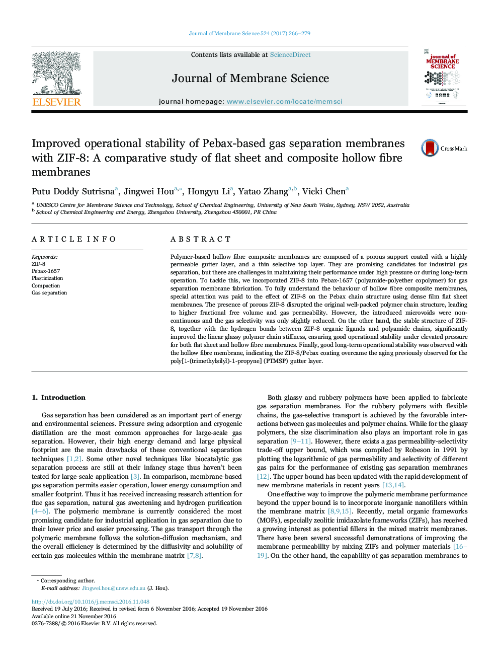 Improved operational stability of Pebax-based gas separation membranes with ZIF-8: A comparative study of flat sheet and composite hollow fibre membranes