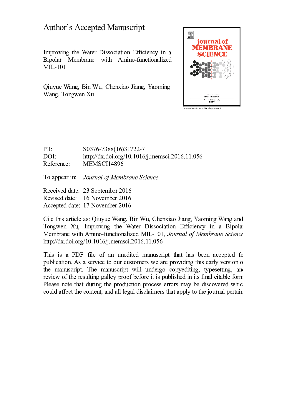 Improving the water dissociation efficiency in a bipolar membrane with amino-functionalized MIL-101