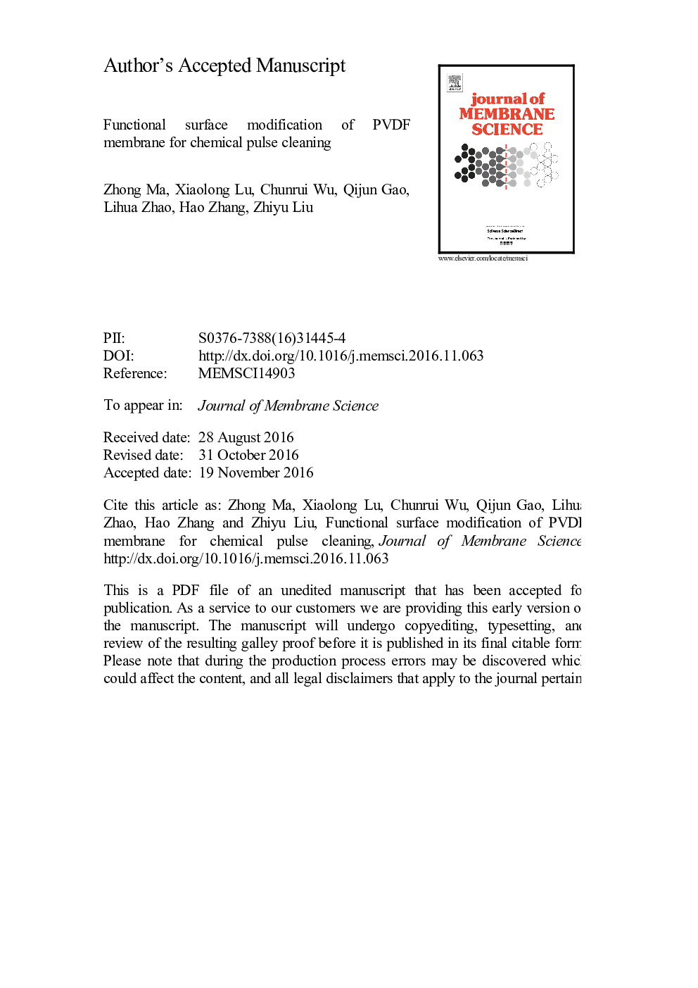 Functional surface modification of PVDF membrane for chemical pulse cleaning