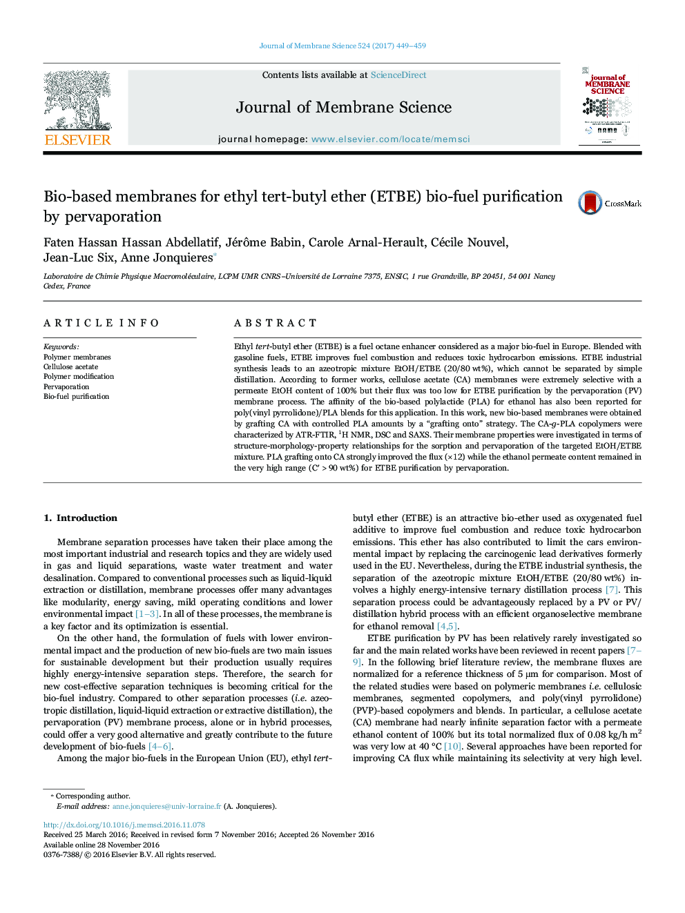 Bio-based membranes for ethyl tert-butyl ether (ETBE) bio-fuel purification by pervaporation