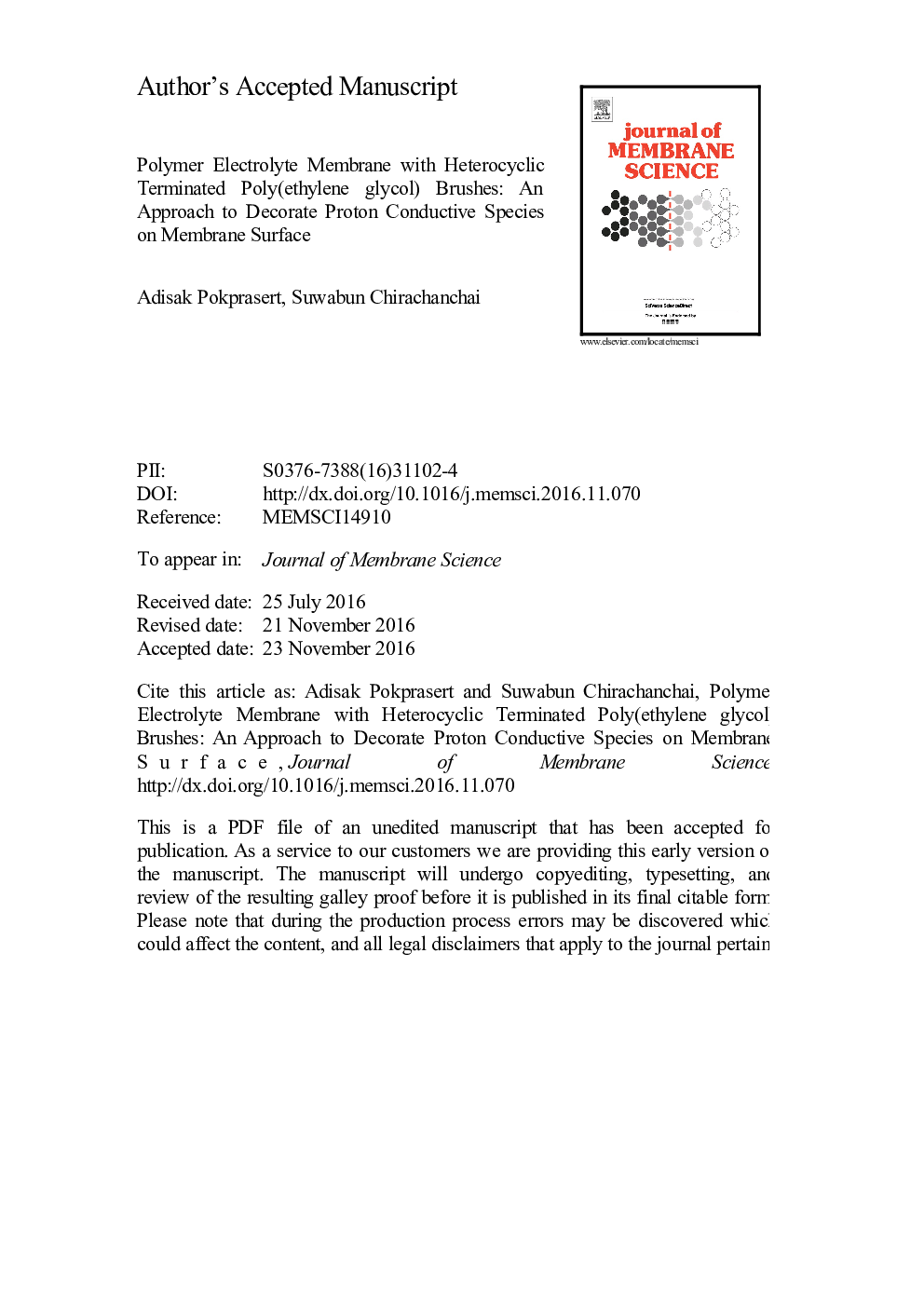 Polymer electrolyte membrane with heterocyclic terminated poly(ethylene glycol) brushes: An approach to decorate proton conductive species on membrane surface