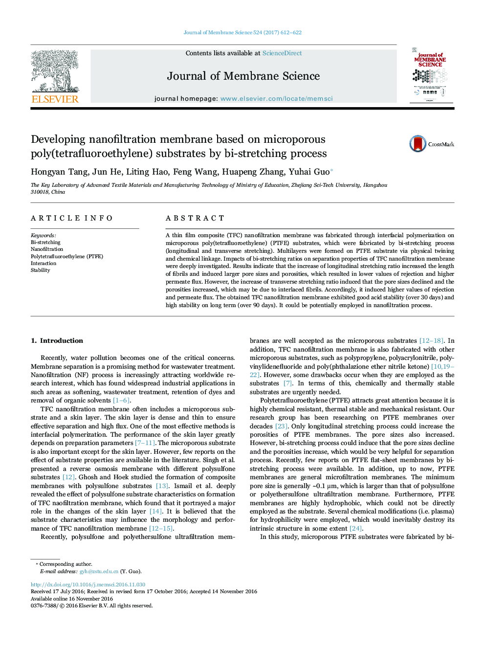 Developing nanofiltration membrane based on microporous poly(tetrafluoroethylene) substrates by bi-stretching process