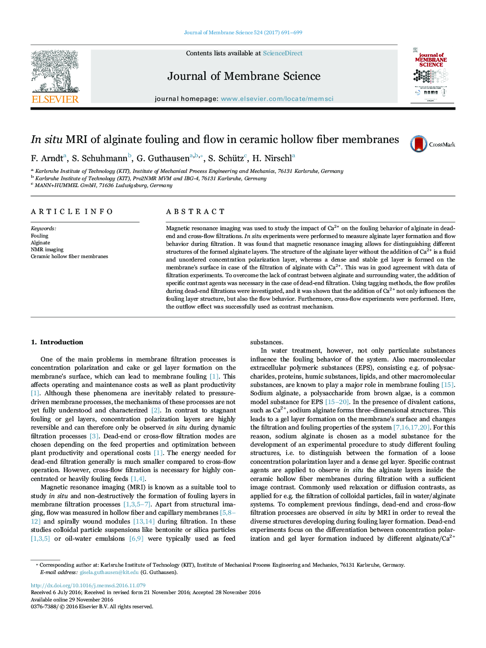 In situ MRI of alginate fouling and flow in ceramic hollow fiber membranes