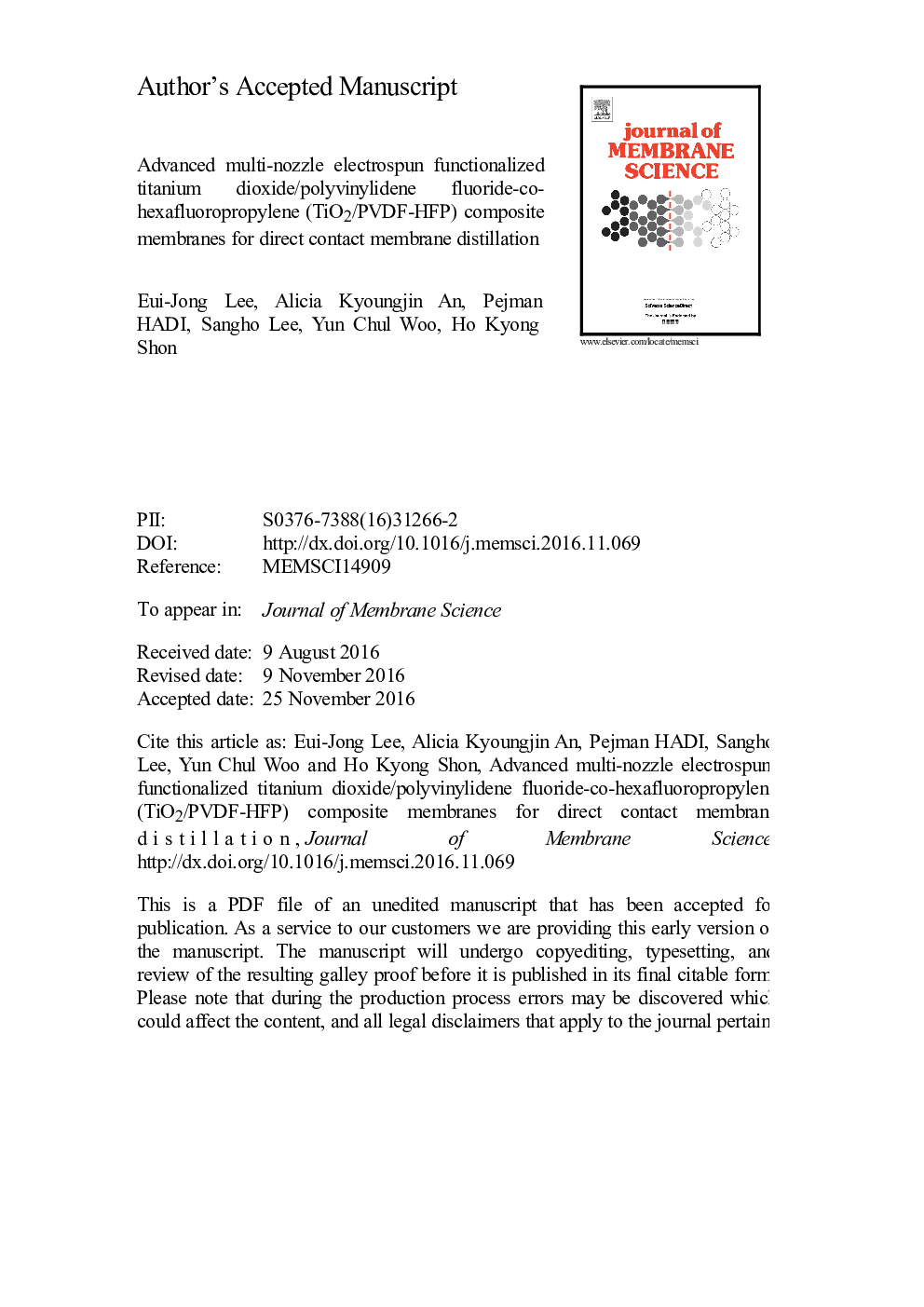 Advanced multi-nozzle electrospun functionalized titanium dioxide/polyvinylidene fluoride-co-hexafluoropropylene (TiO2/PVDF-HFP) composite membranes for direct contact membrane distillation