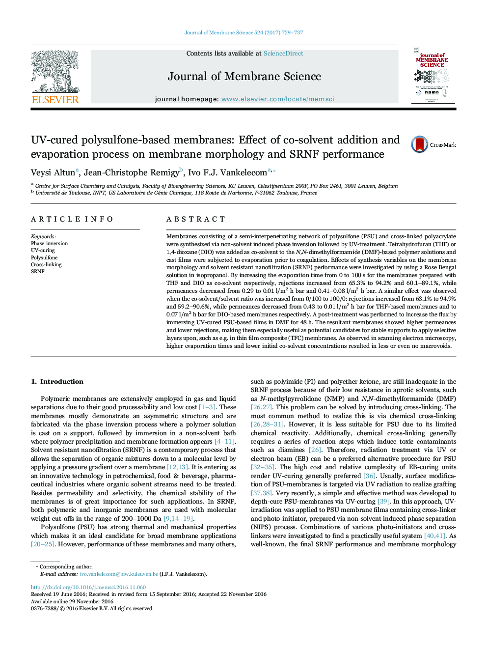 UV-cured polysulfone-based membranes: Effect of co-solvent addition and evaporation process on membrane morphology and SRNF performance