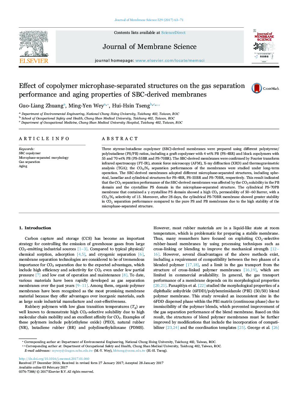 Effect of copolymer microphase-separated structures on the gas separation performance and aging properties of SBC-derived membranes