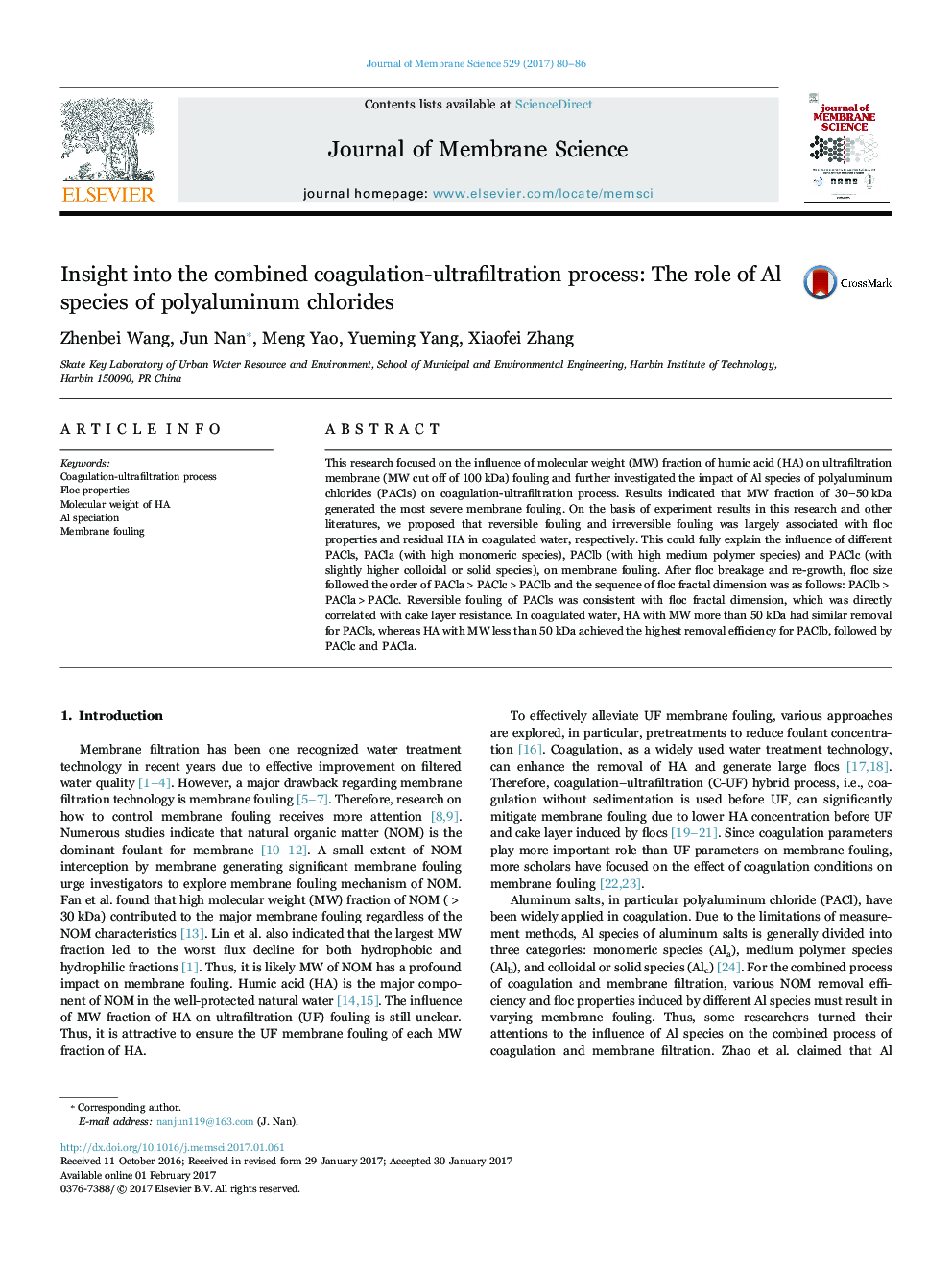 Insight into the combined coagulation-ultrafiltration process: The role of Al species of polyaluminum chlorides