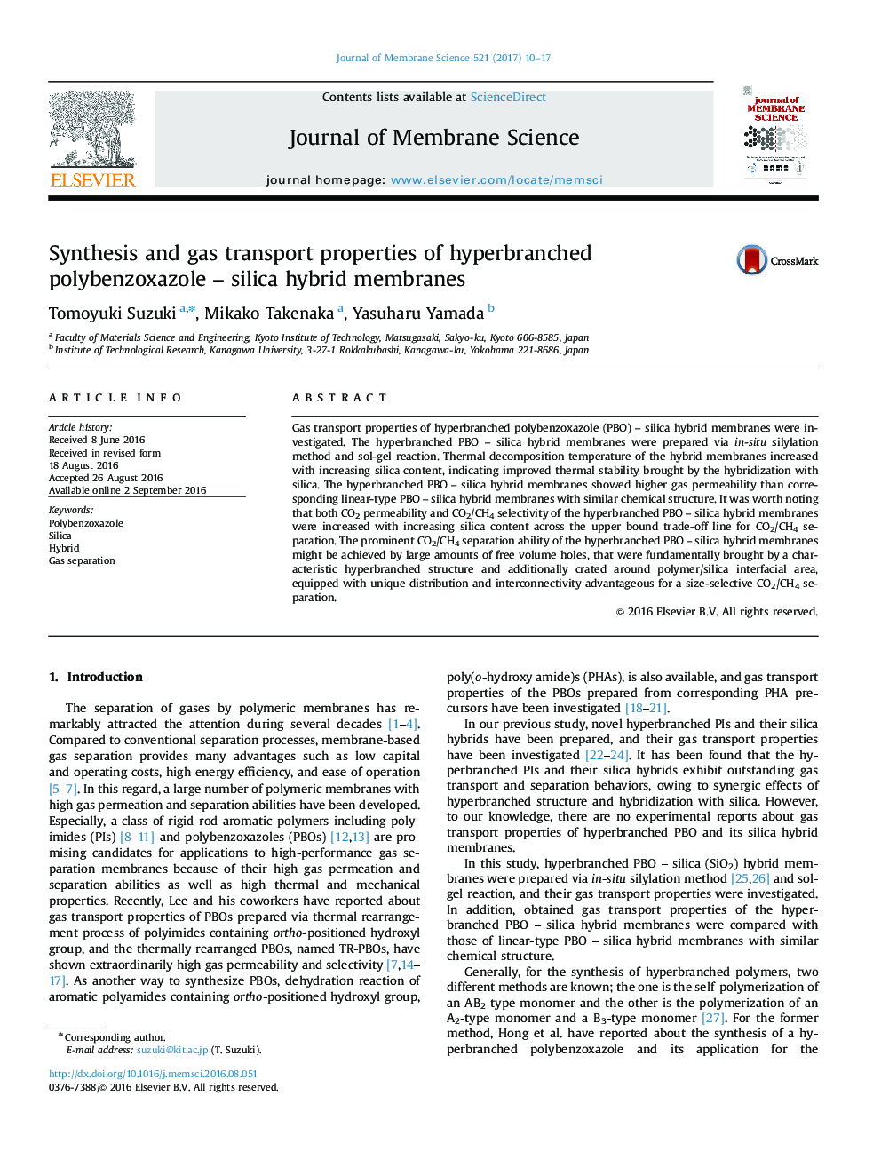 Synthesis and gas transport properties of hyperbranched polybenzoxazole - silica hybrid membranes