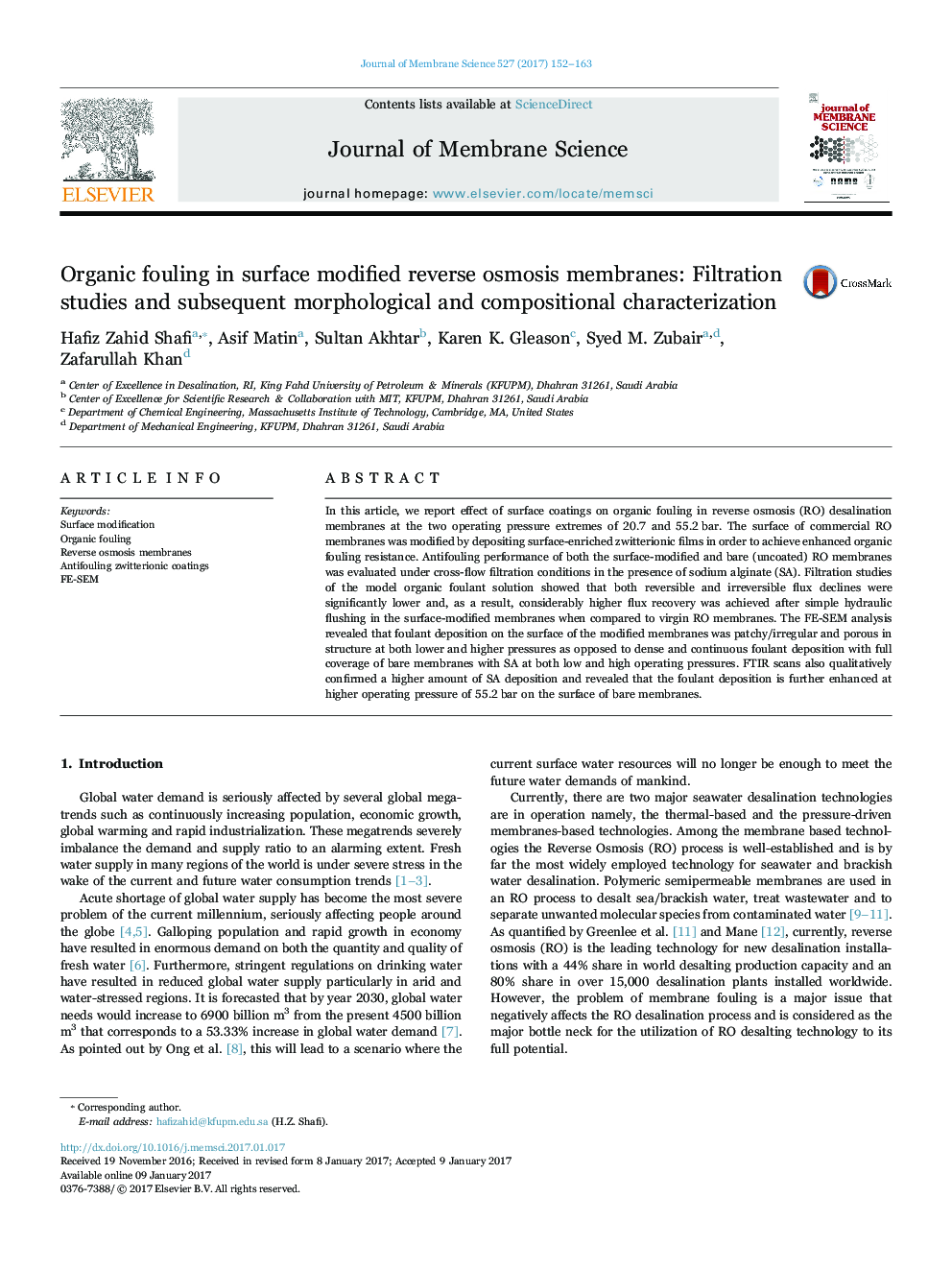 Organic fouling in surface modified reverse osmosis membranes: Filtration studies and subsequent morphological and compositional characterization