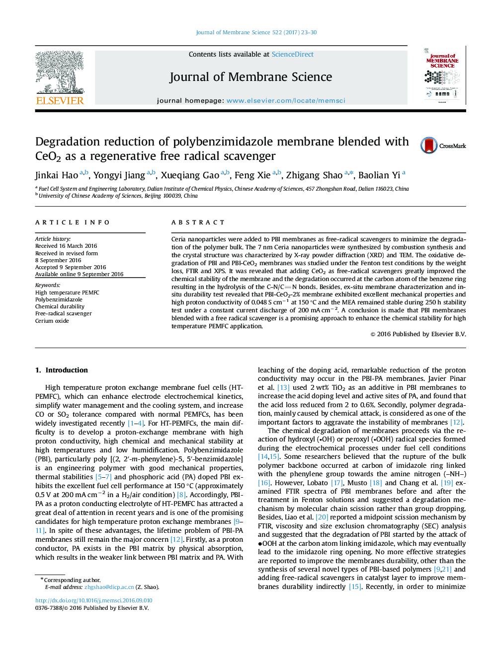 Degradation reduction of polybenzimidazole membrane blended with CeO2 as a regenerative free radical scavenger