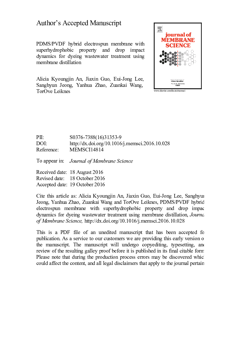 PDMS/PVDF hybrid electrospun membrane with superhydrophobic property and drop impact dynamics for dyeing wastewater treatment using membrane distillation