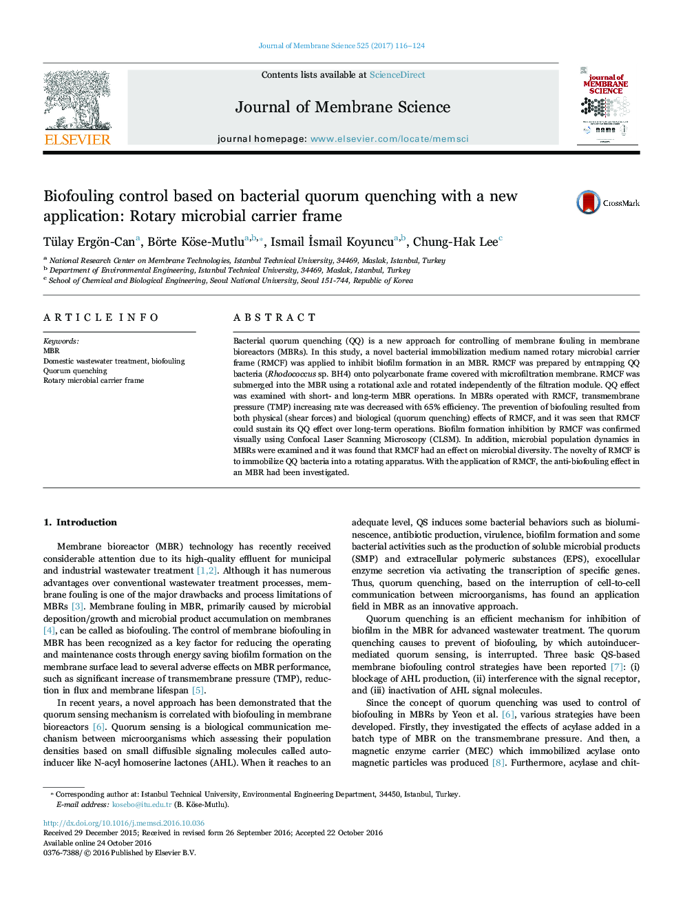 Biofouling control based on bacterial quorum quenching with a new application: Rotary microbial carrier frame