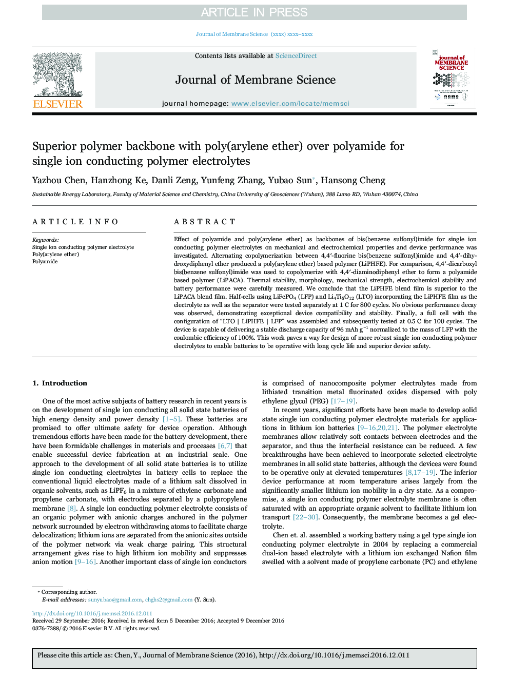 Superior polymer backbone with poly(arylene ether) over polyamide for single ion conducting polymer electrolytes