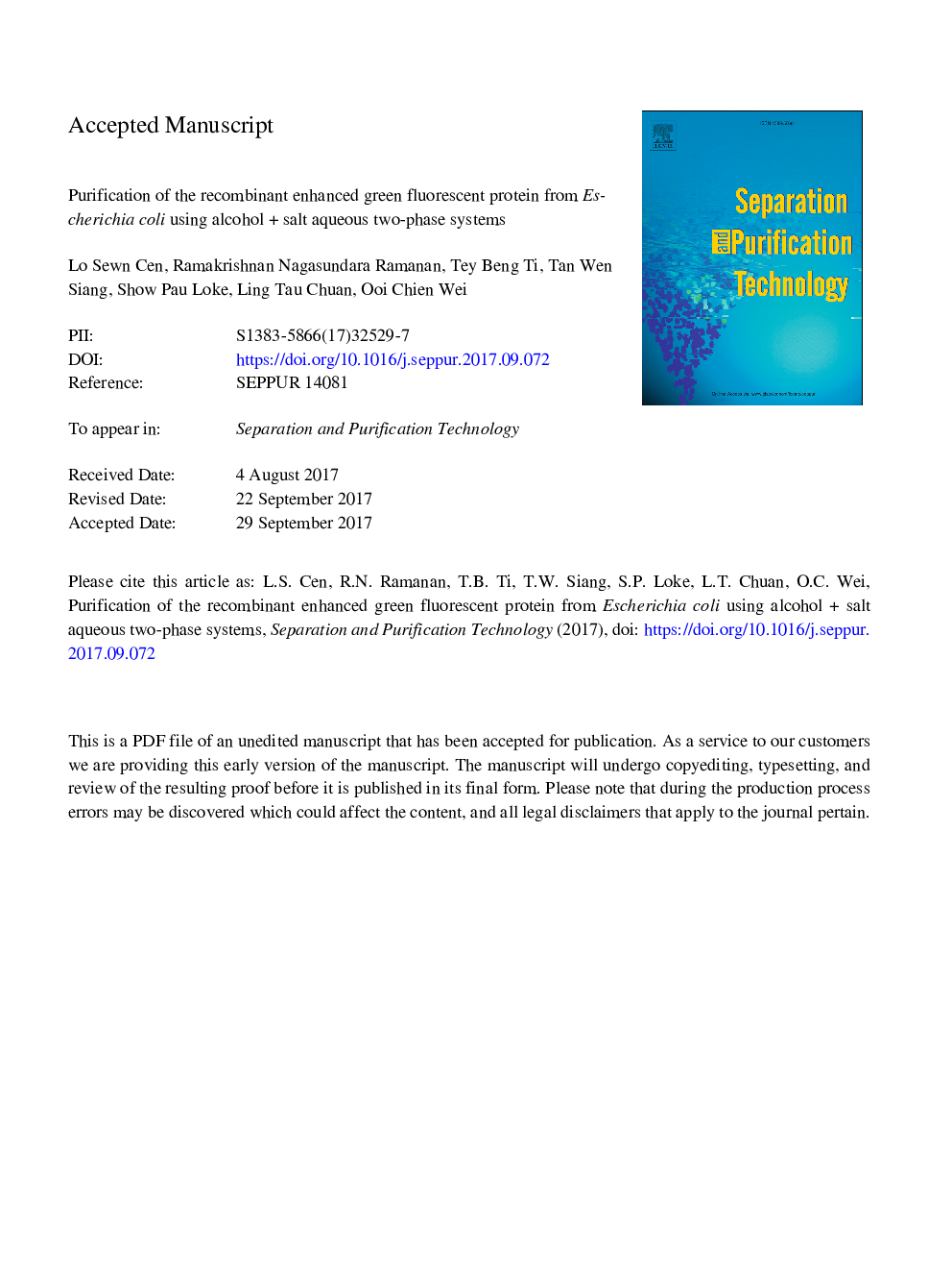 Purification of the recombinant enhanced green fluorescent protein from Escherichia coli using alcoholÂ +Â salt aqueous two-phase systems