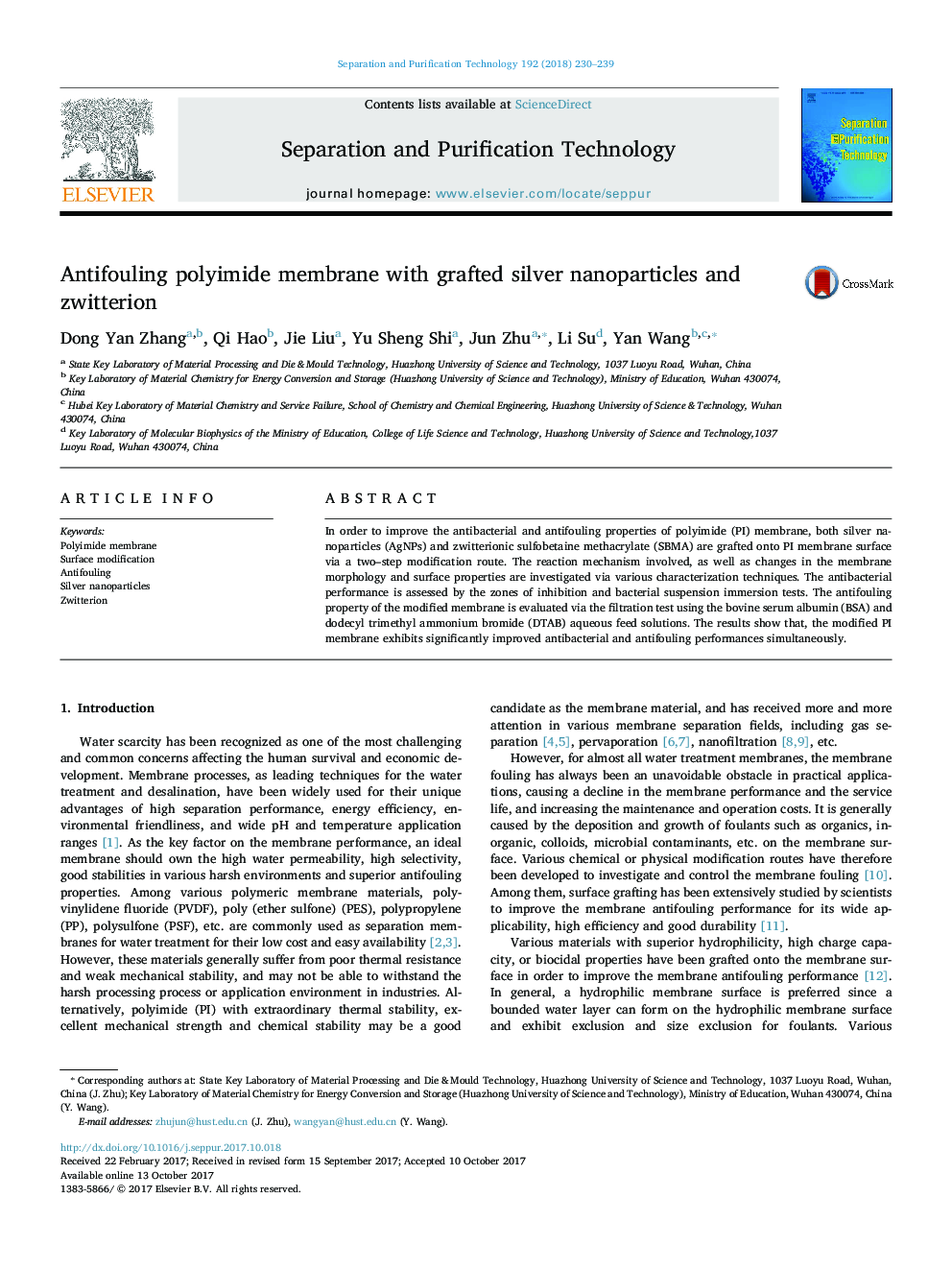 Antifouling polyimide membrane with grafted silver nanoparticles and zwitterion